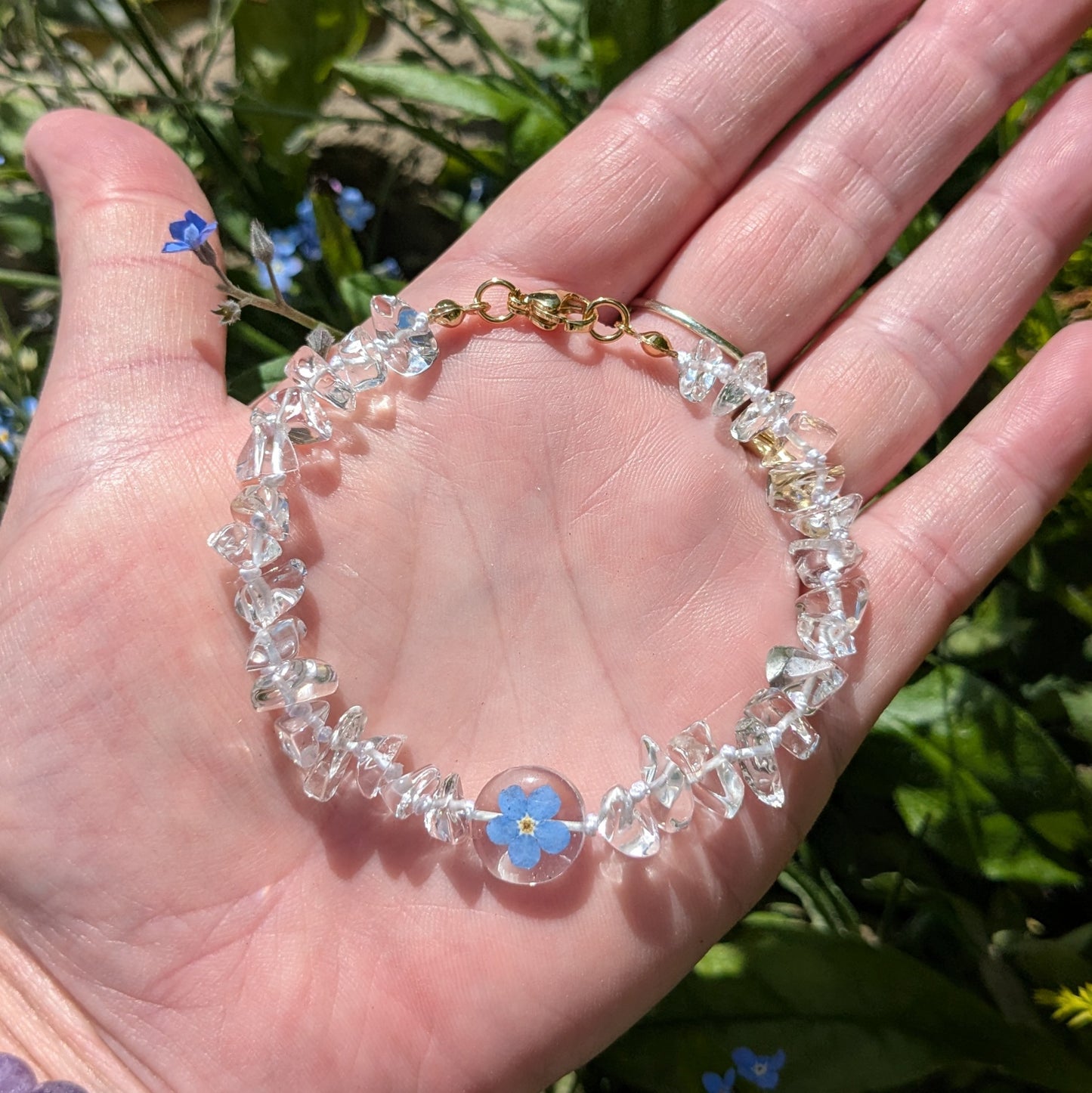 Forget me not and clear Quartz bracelet