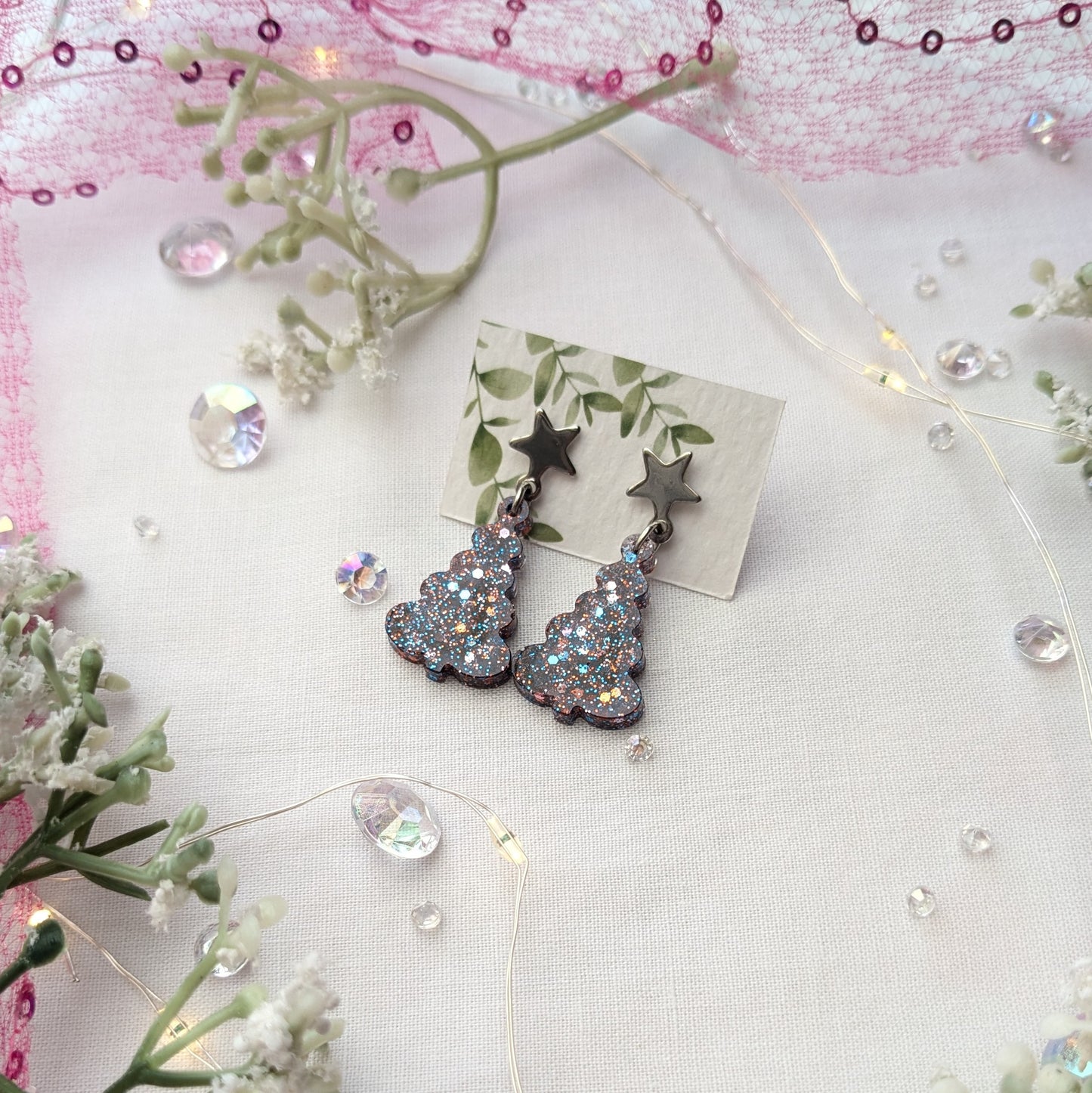 Star topped Xmas tree earrings (silver)