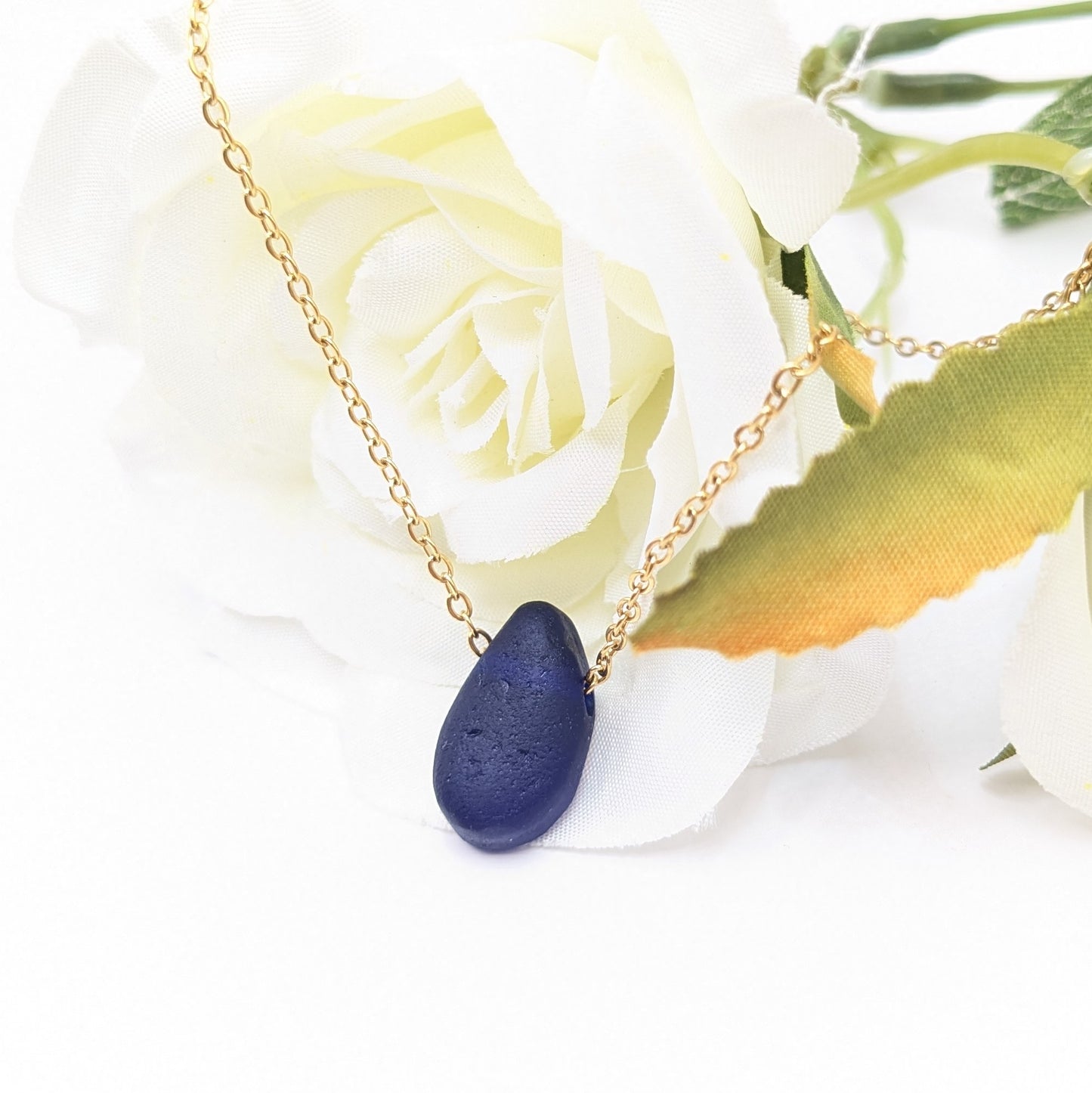 Deep blue sea glass nugget necklace