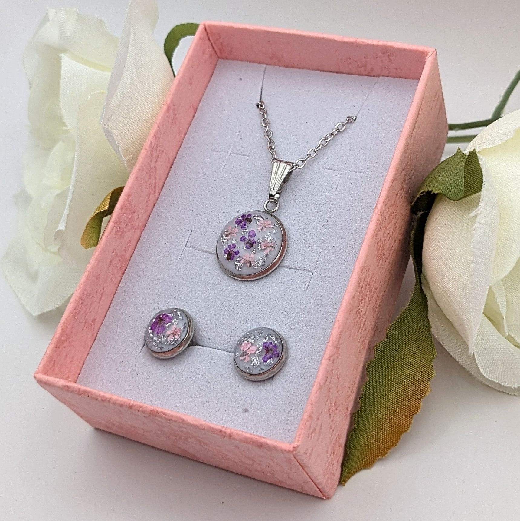 Pink and purple petal confetti necklace and earrings set