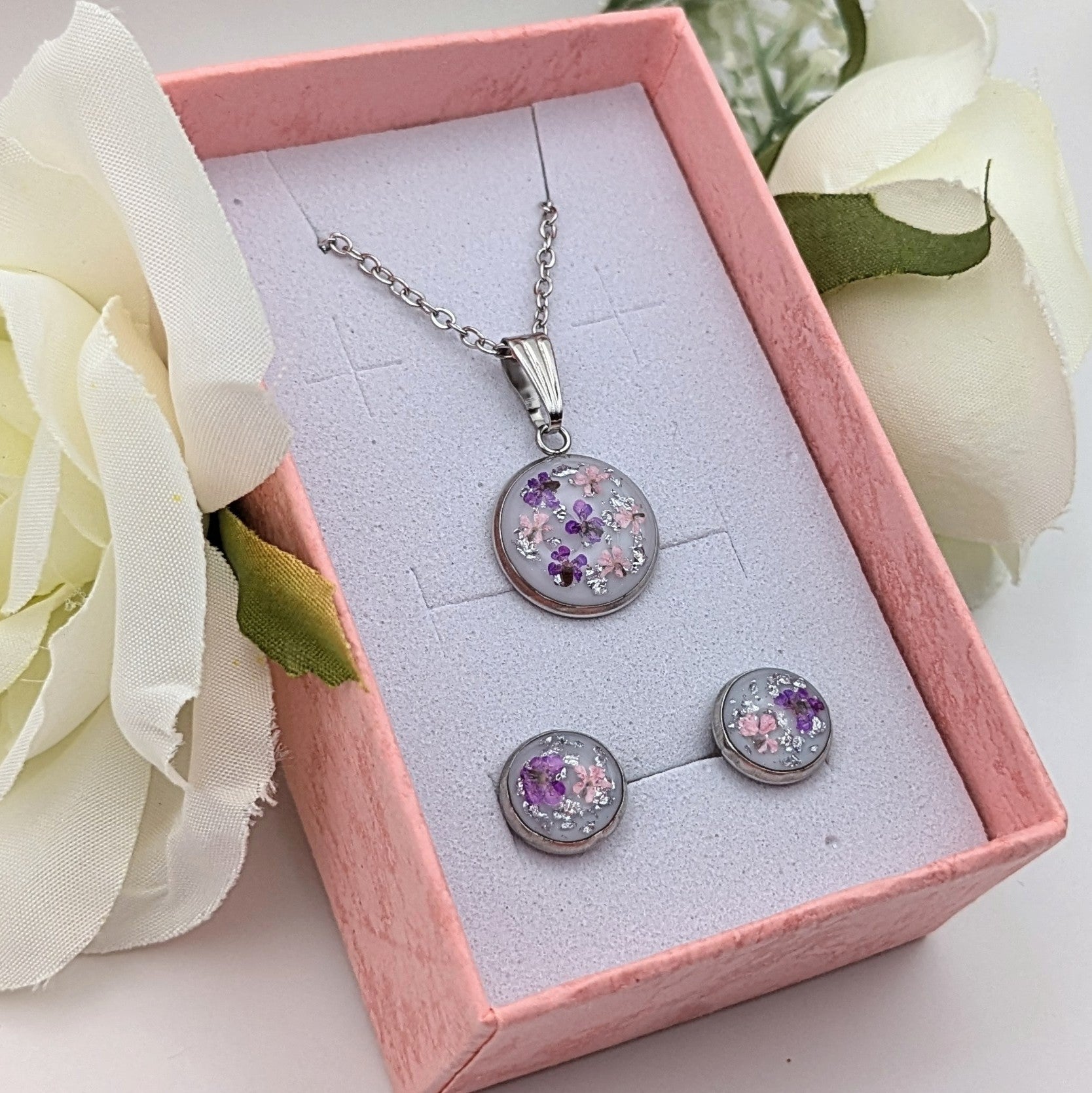 Pink and purple petal confetti necklace and earrings set