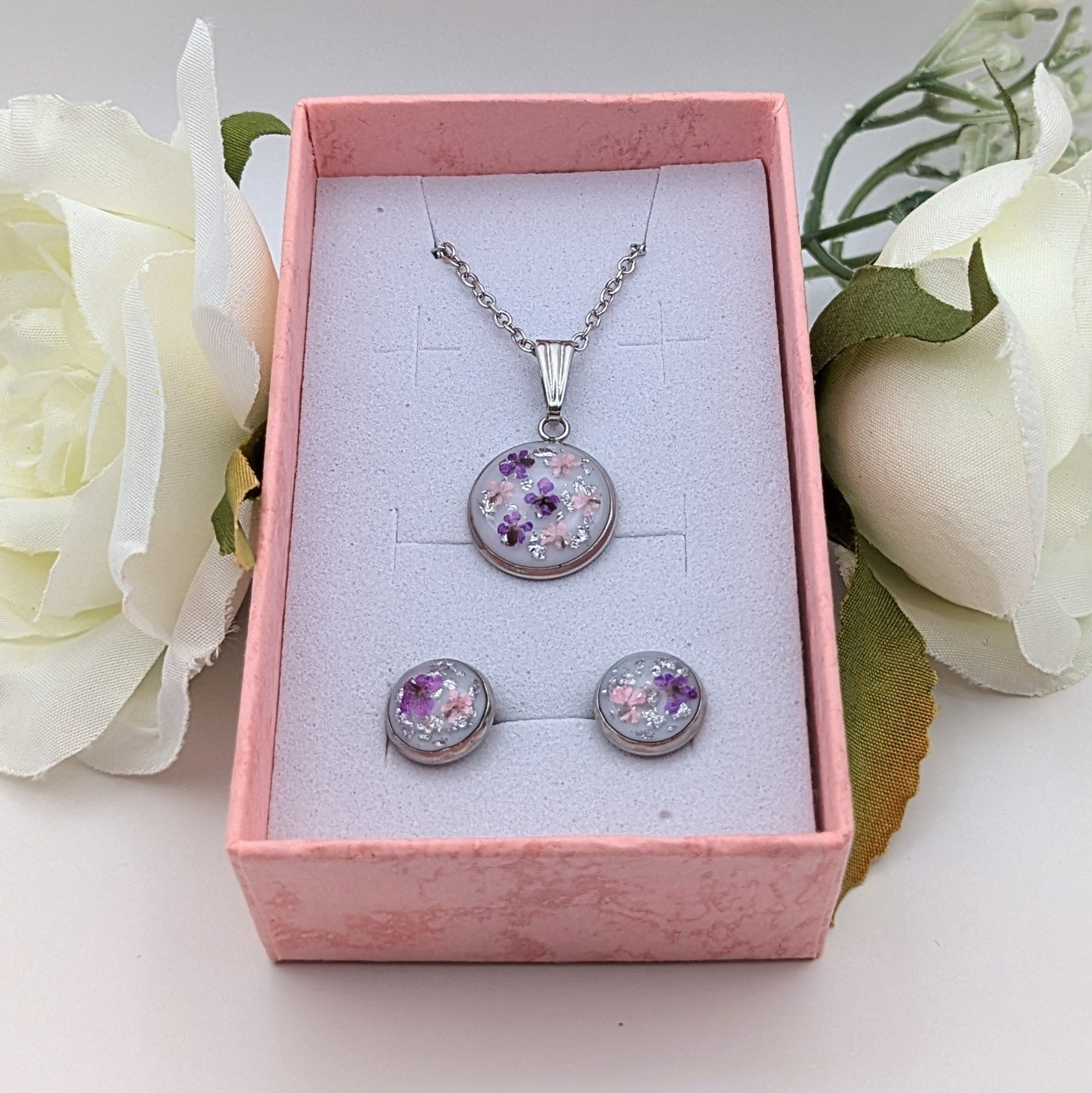 Pink and purple petal confetti necklace and earrings set