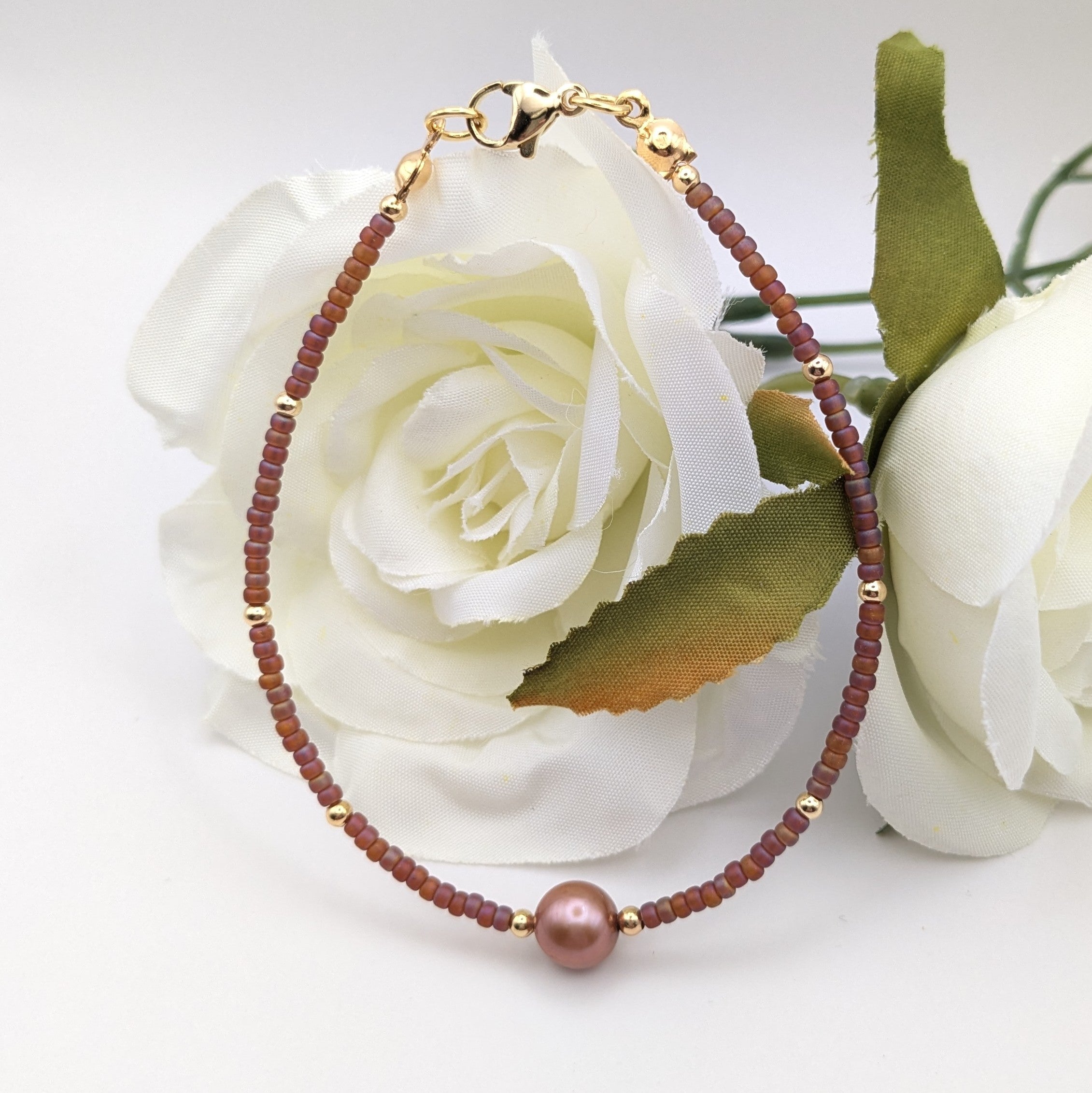 Matte translucent Miyuki bead and real pearl bracelet