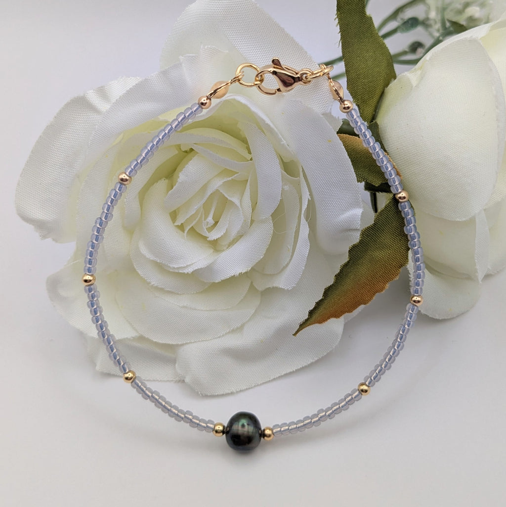 Blue-grey Miyuki bead and real pearl bracelet