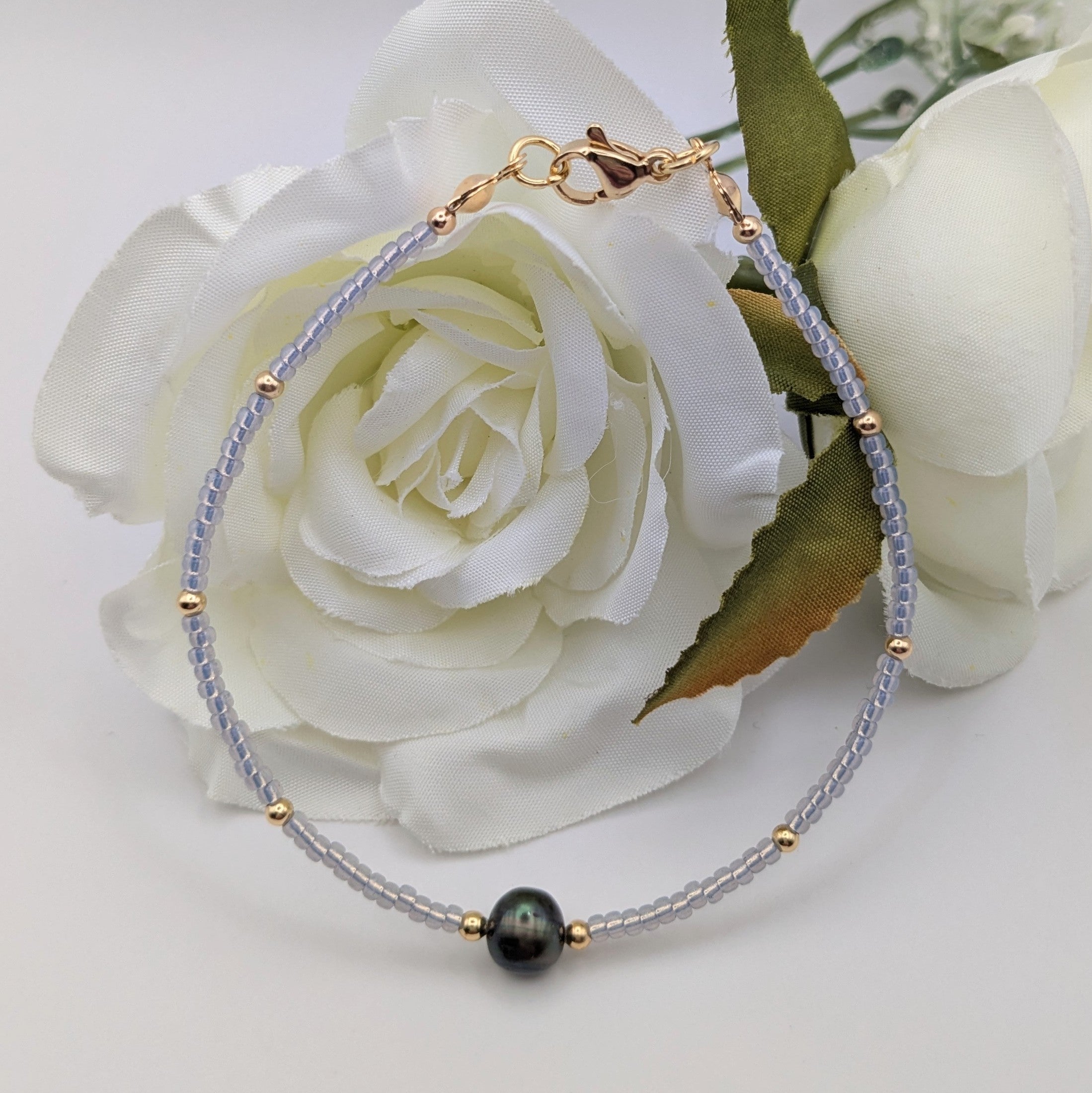 Blue-grey Miyuki bead and real pearl bracelet