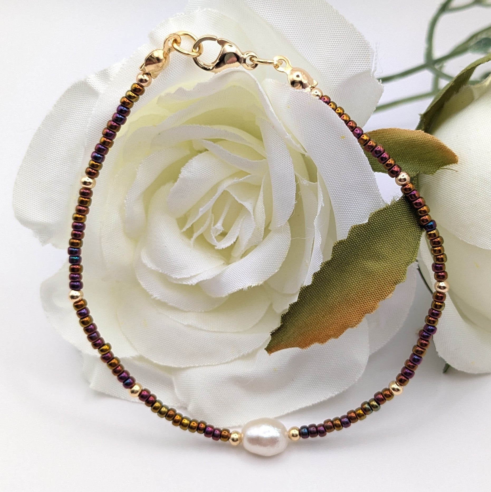 Metallic gold Miyuki bead and real pearl bracelet