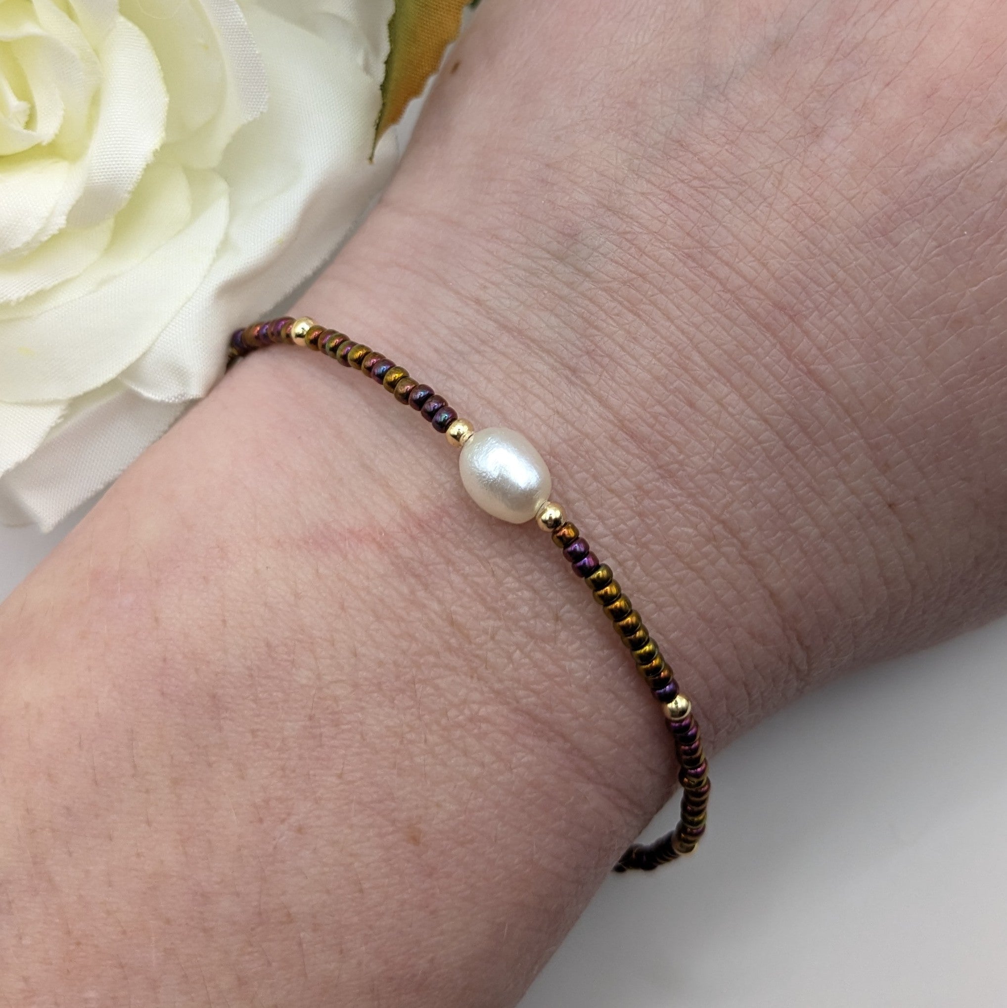 Metallic gold Miyuki bead and real pearl bracelet
