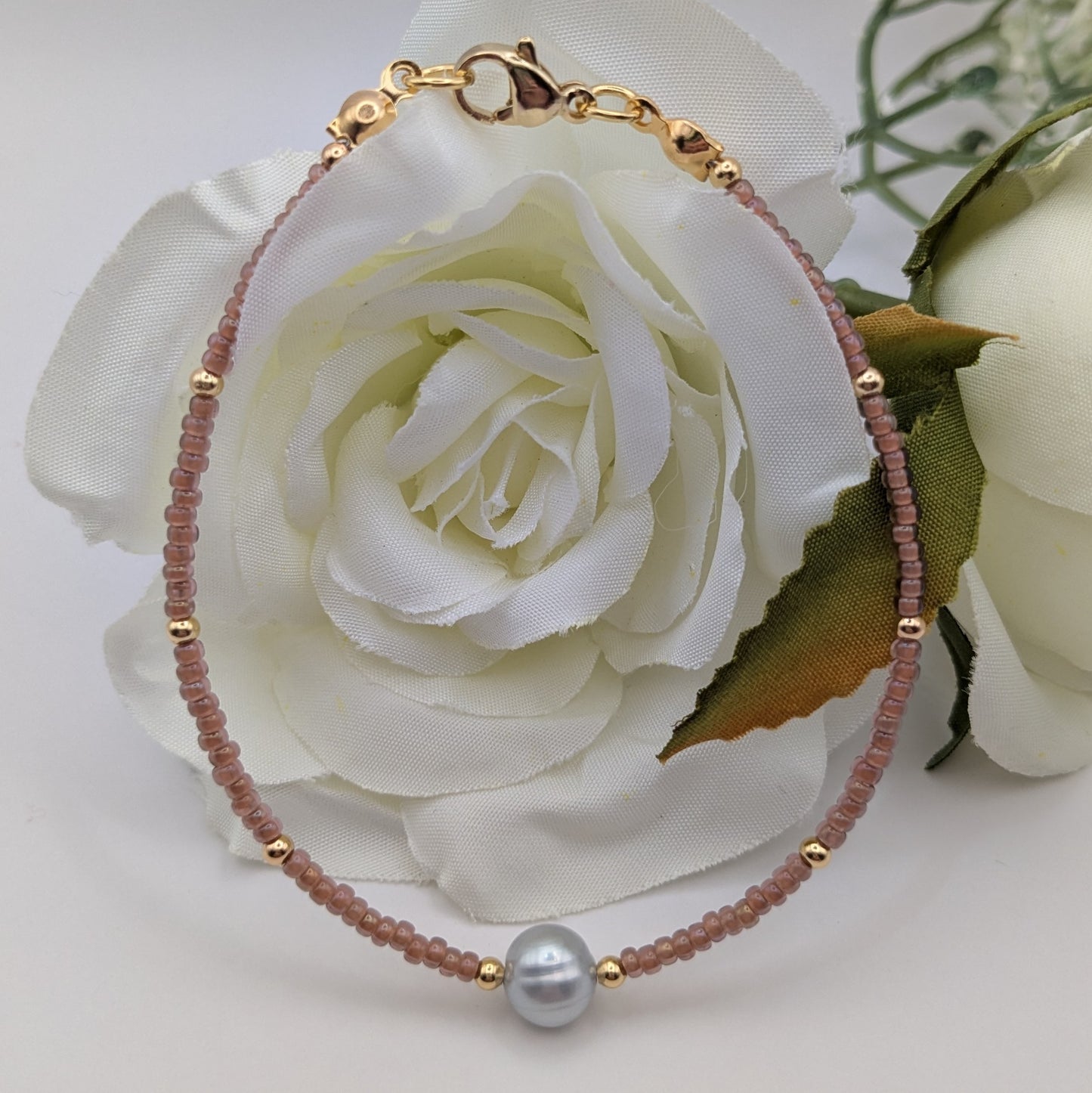 Peach Miyuki bead and real pearl bracelet