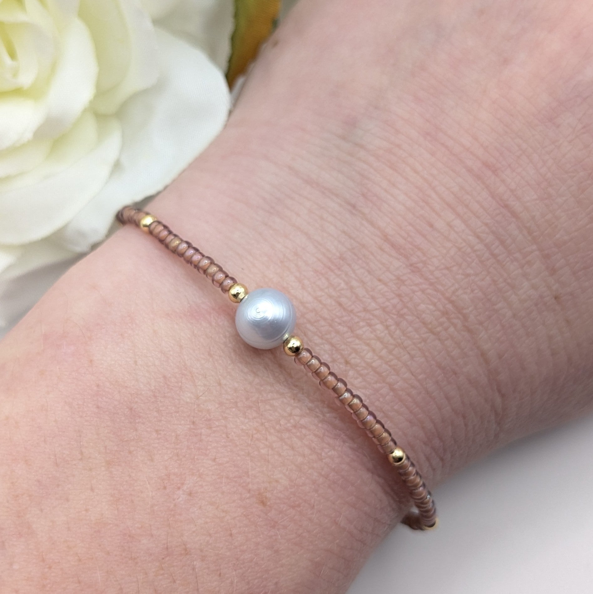 Peach Miyuki bead and real pearl bracelet