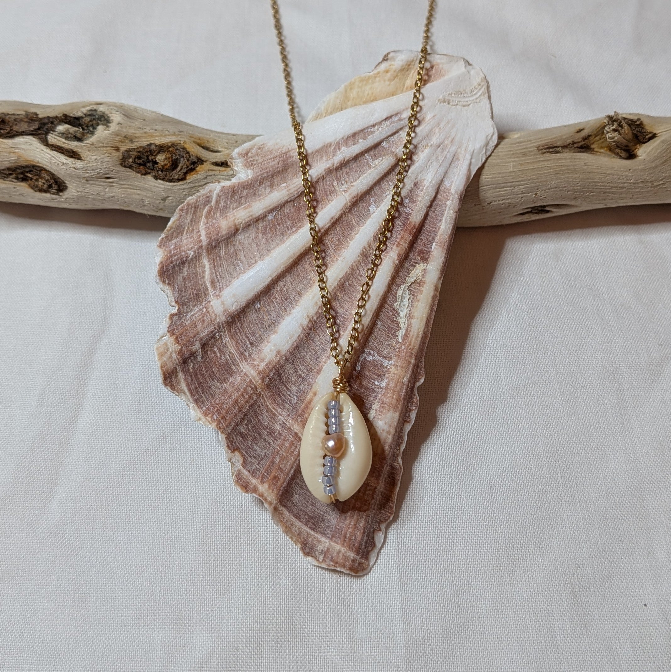 Cowrie shell and freshwater pearl necklace