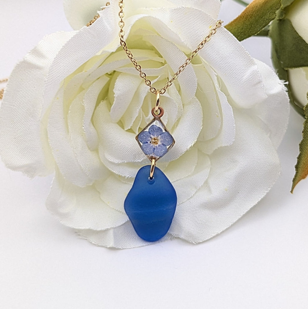 Cobalt blue sea glass and forget me not necklace