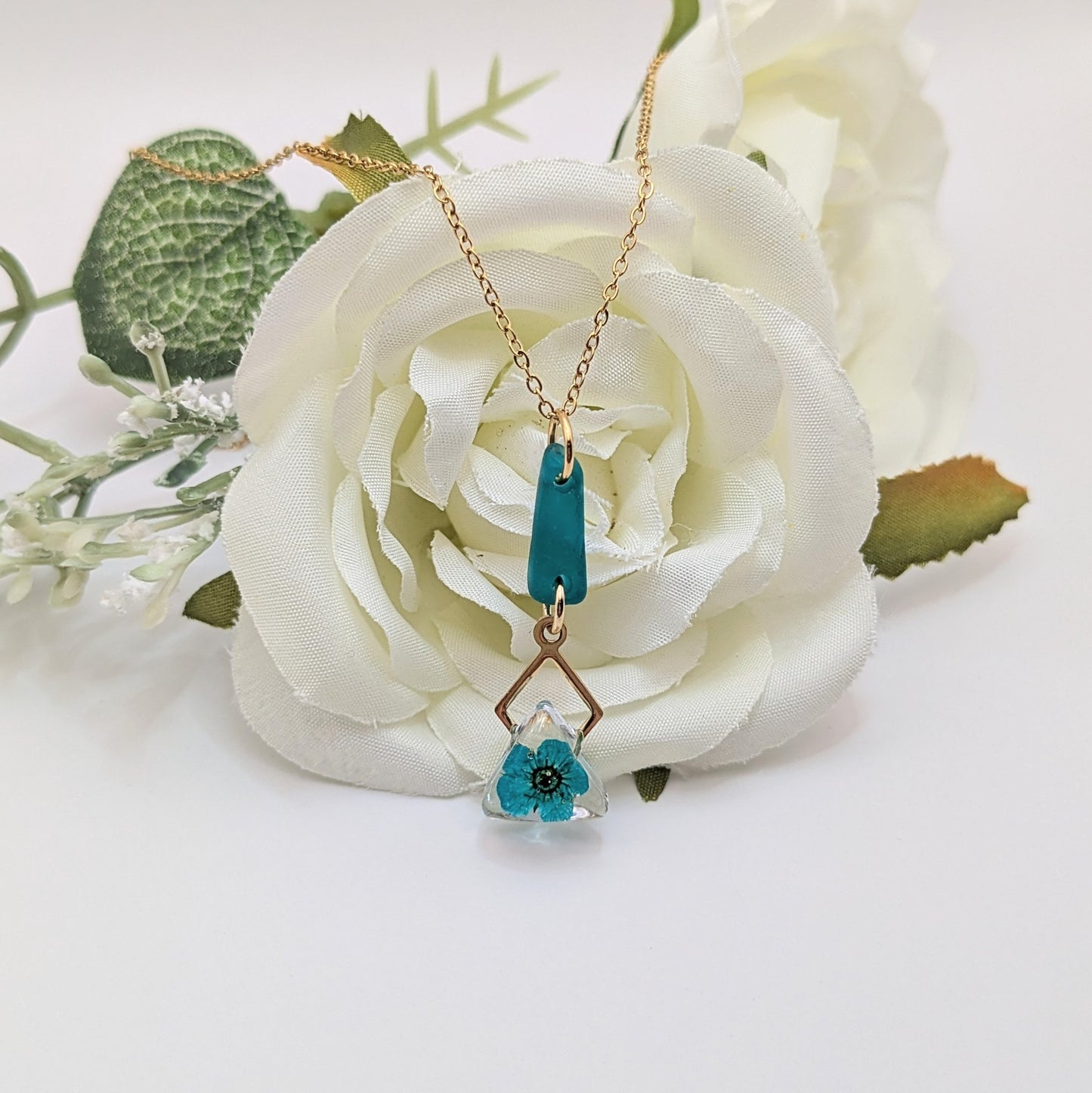 Rare aqua blue sea glass and blossom necklace