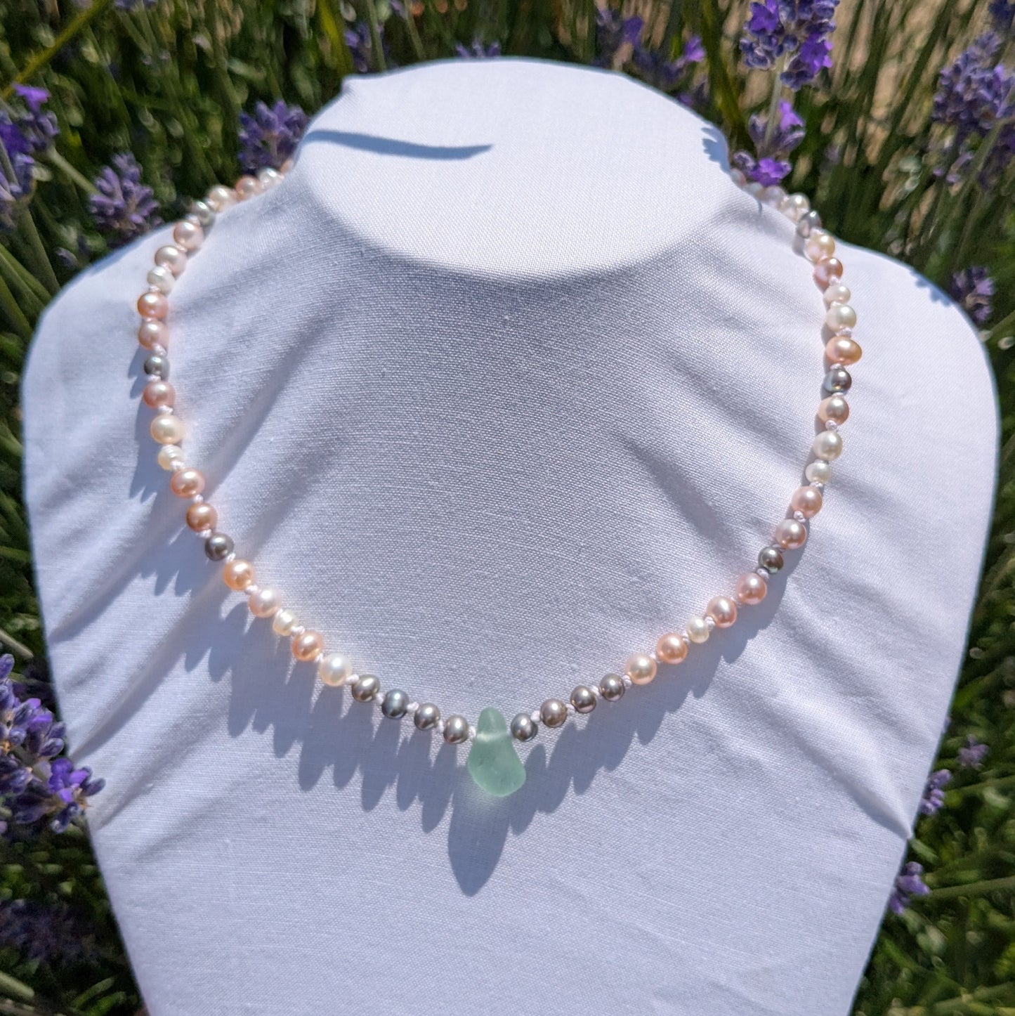 Freshwater pearl and sea glass choker style necklace