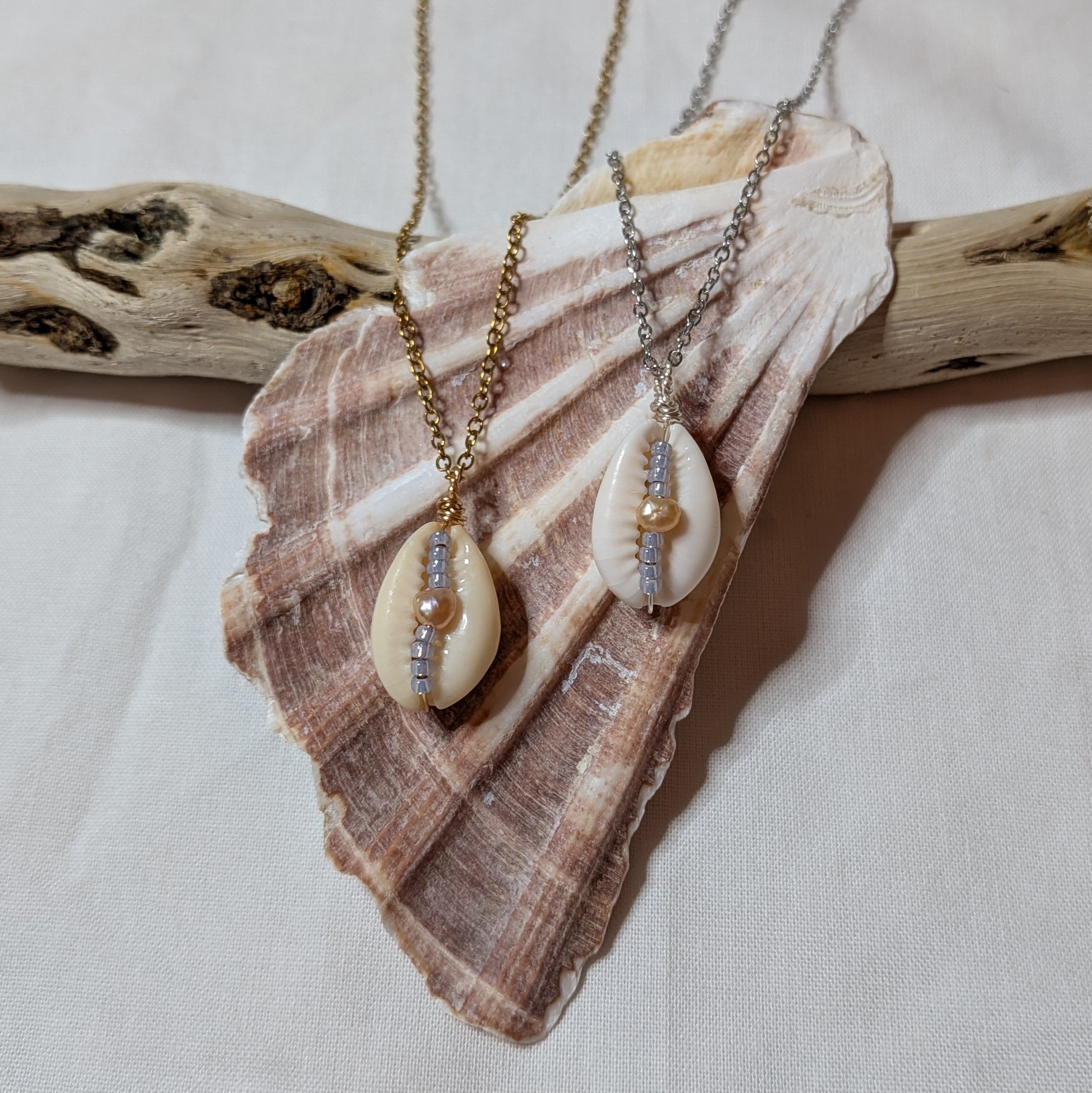 Cowrie shell and freshwater pearl necklace