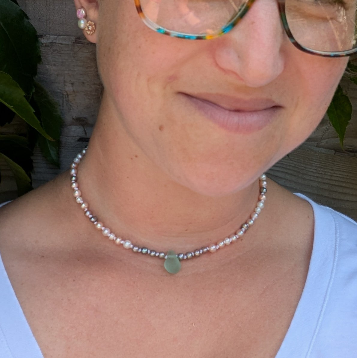 Freshwater pearl and sea glass choker style necklace