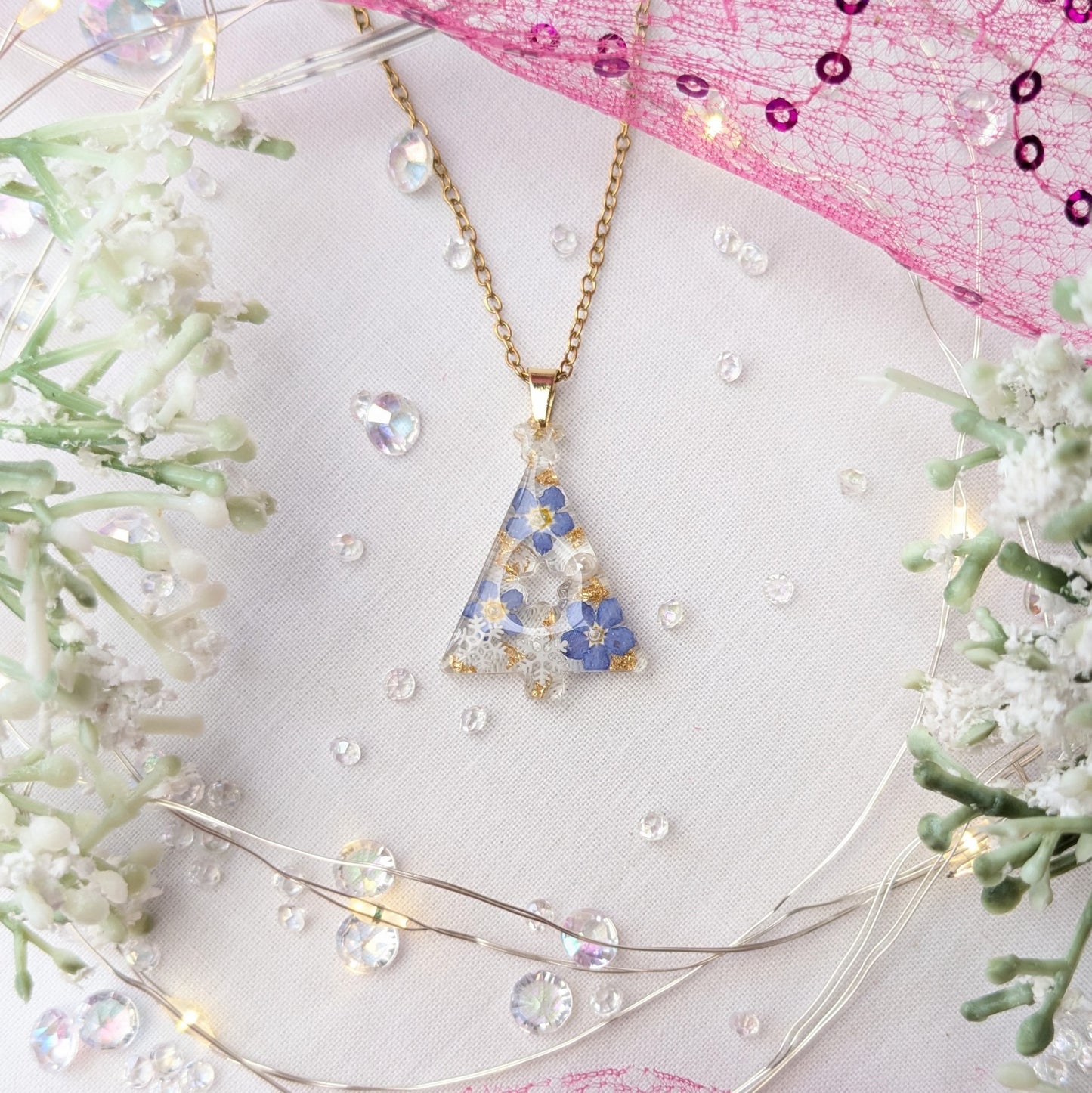 Forget me not Christmas tree necklace (gold)