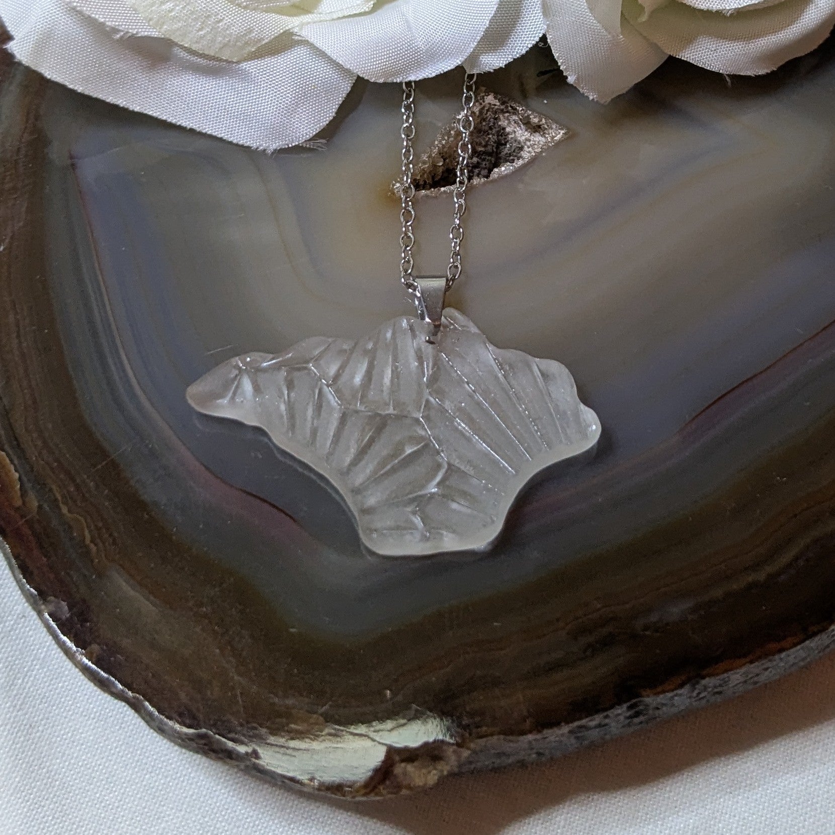 Hand carved patterned Isle of Wight sea glass necklace