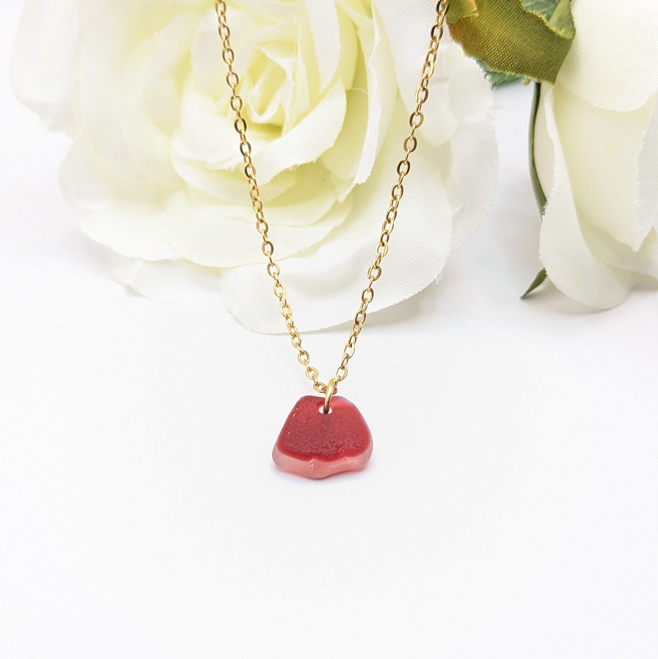 Rare red and white two tone sea glass necklace