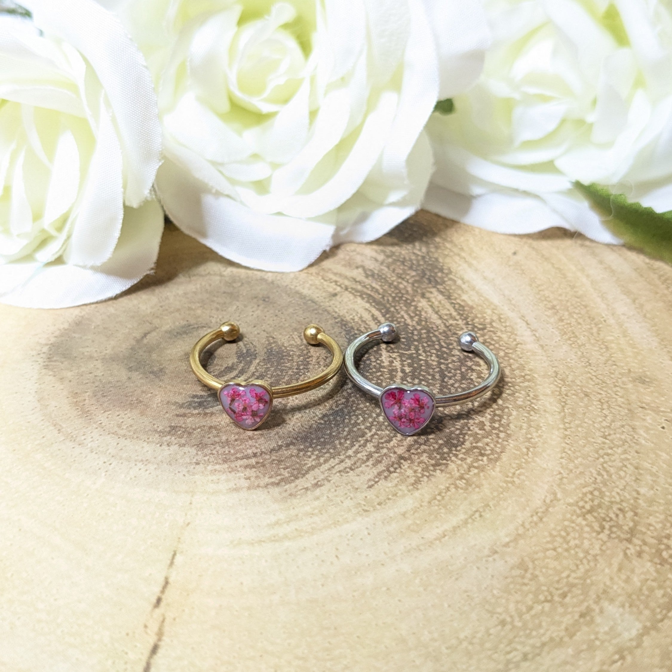 Heart and flowers adjustable cuff ring