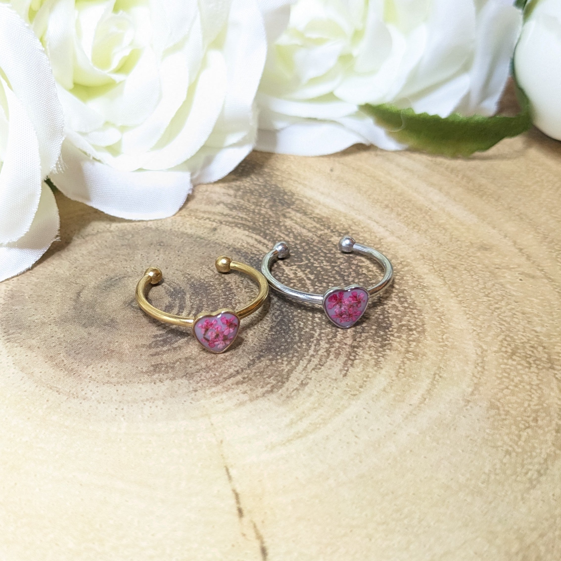Heart and flowers adjustable cuff ring