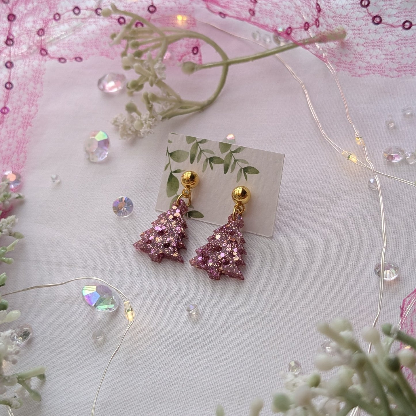 Pink sparkle Christmas tree earrings