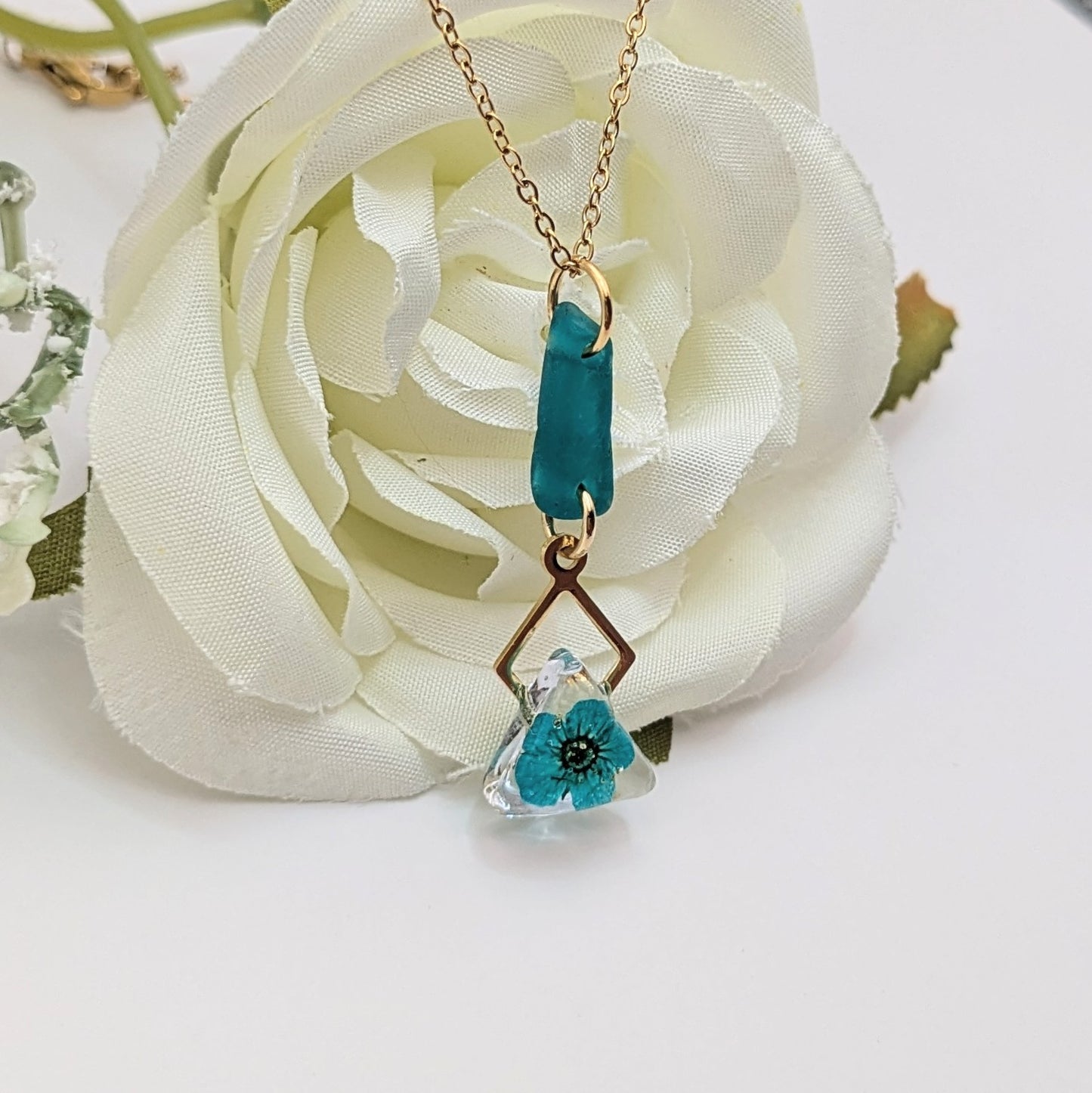 Rare aqua blue sea glass and blossom necklace