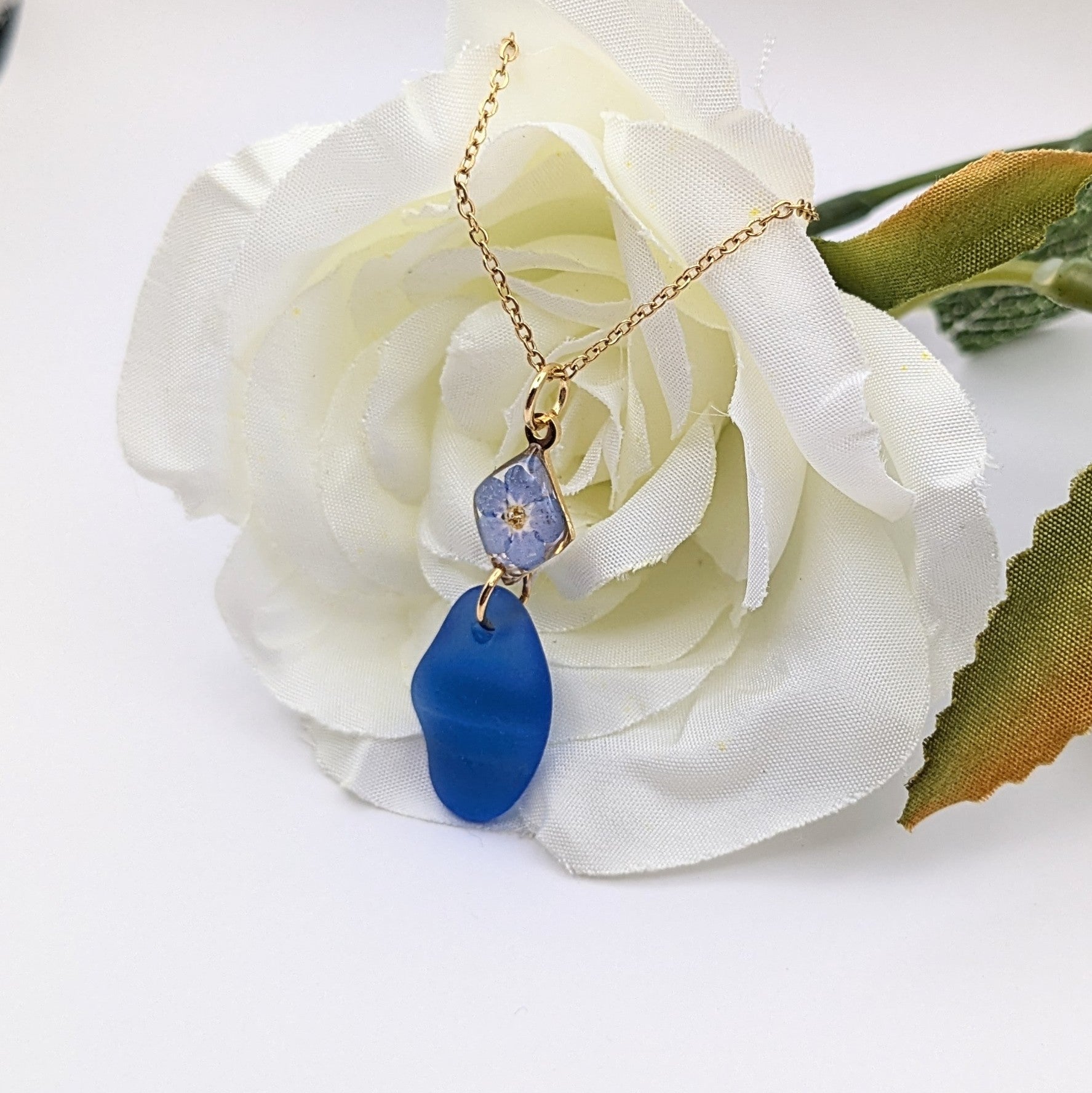 Cobalt blue sea glass and forget me not necklace