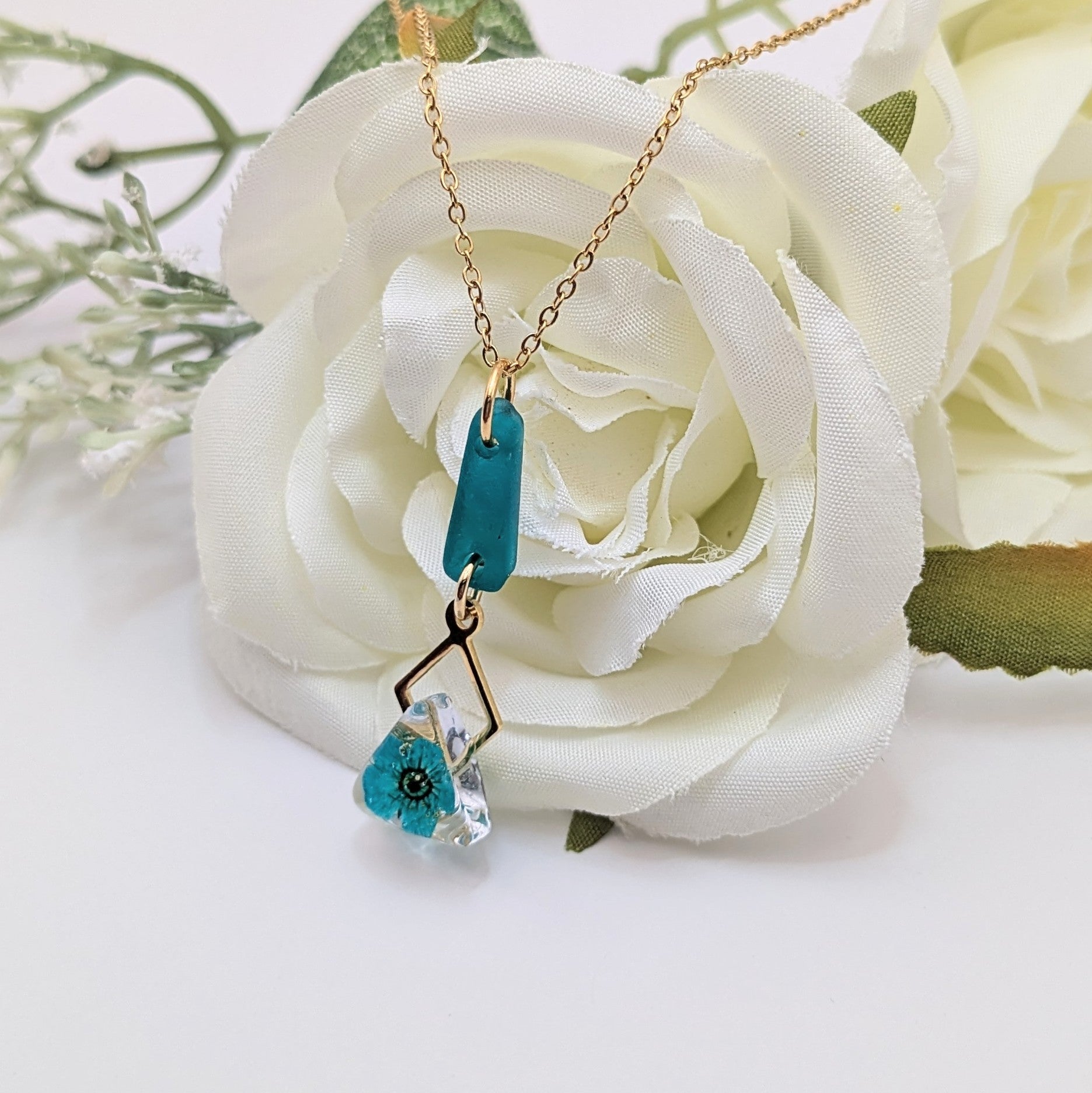 Rare aqua blue sea glass and blossom necklace