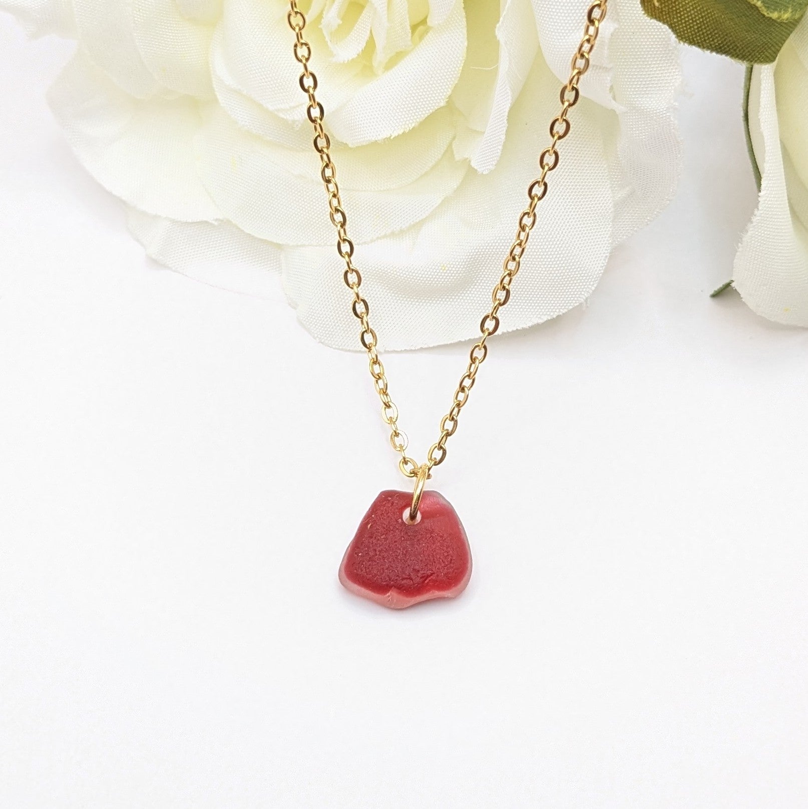 Rare red and white two tone sea glass necklace