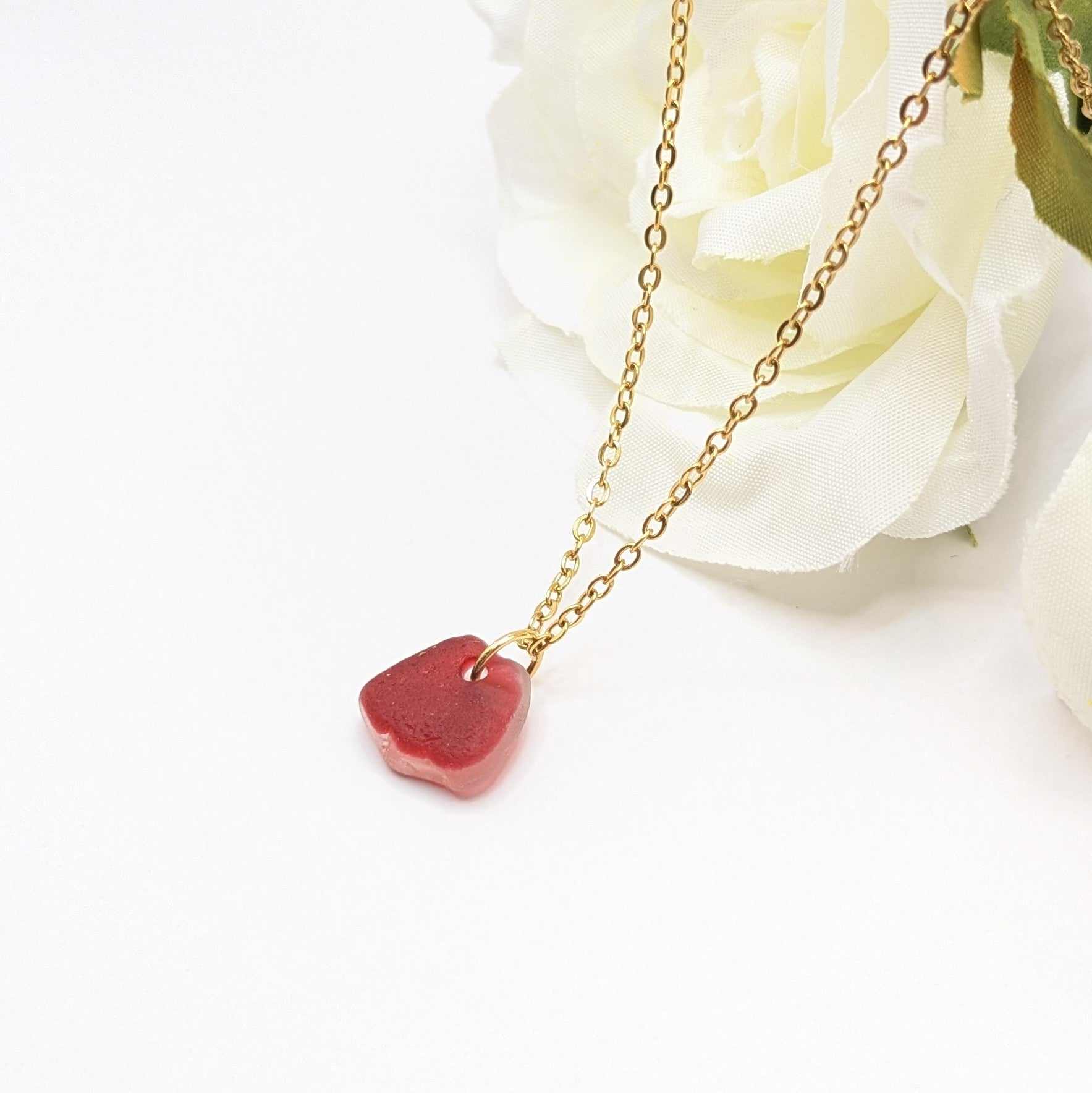 Rare red and white two tone sea glass necklace