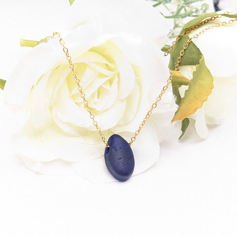 Deep blue sea glass nugget necklace