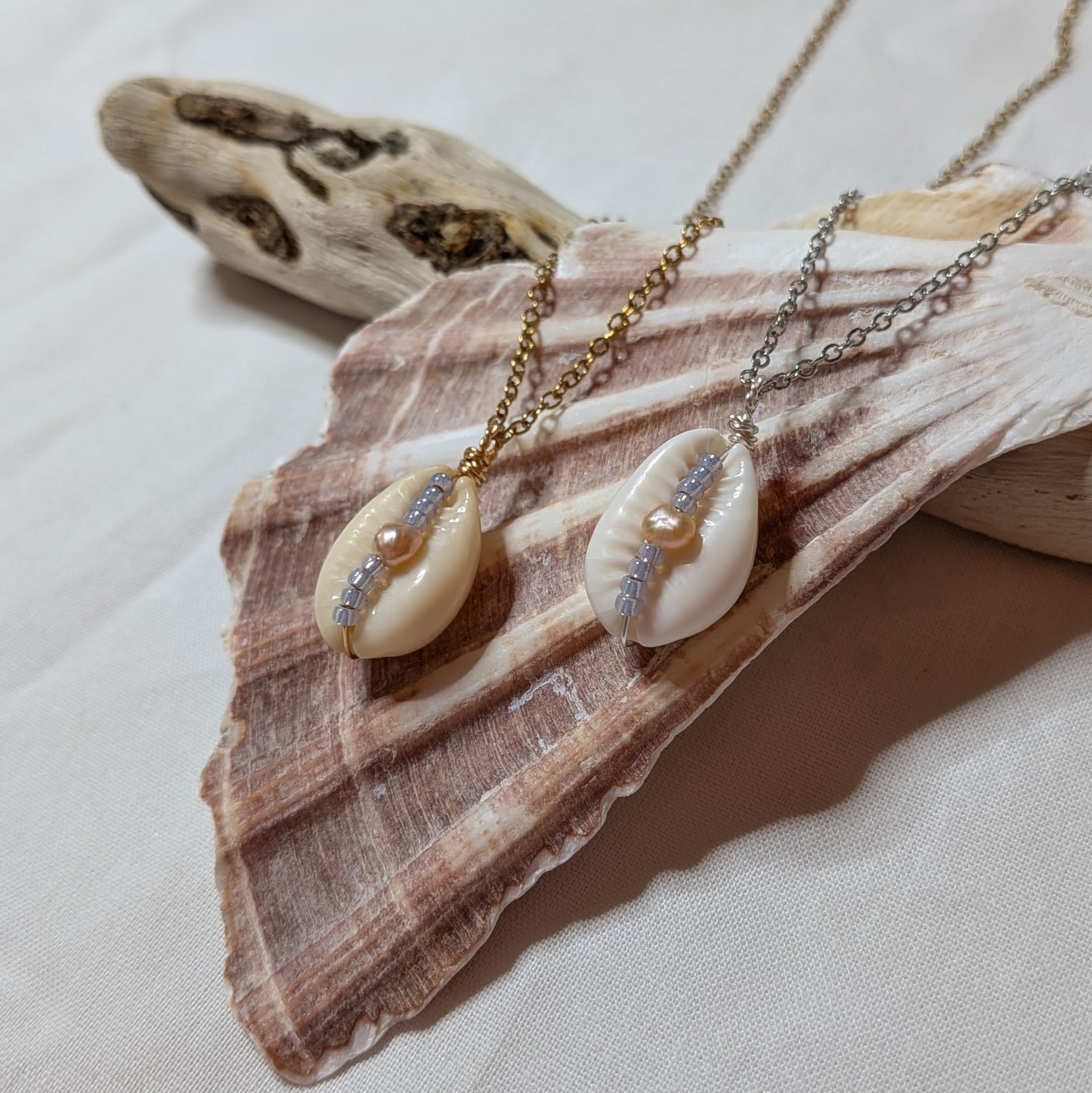Cowrie shell and freshwater pearl necklace