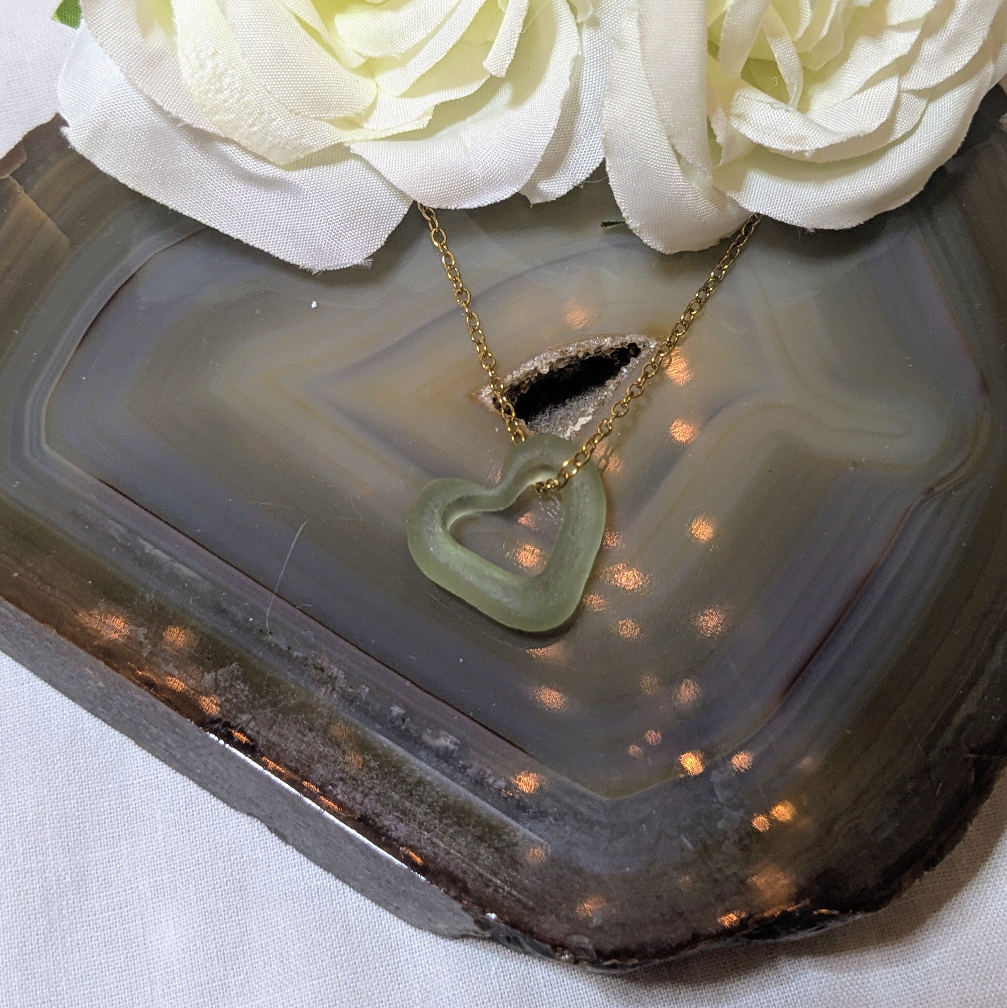 Hand carved sea glass heart necklace