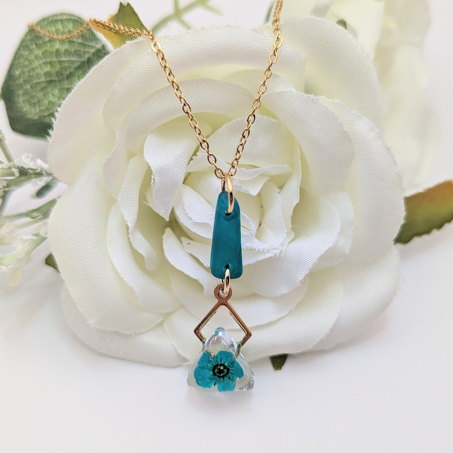 Rare aqua blue sea glass and blossom necklace