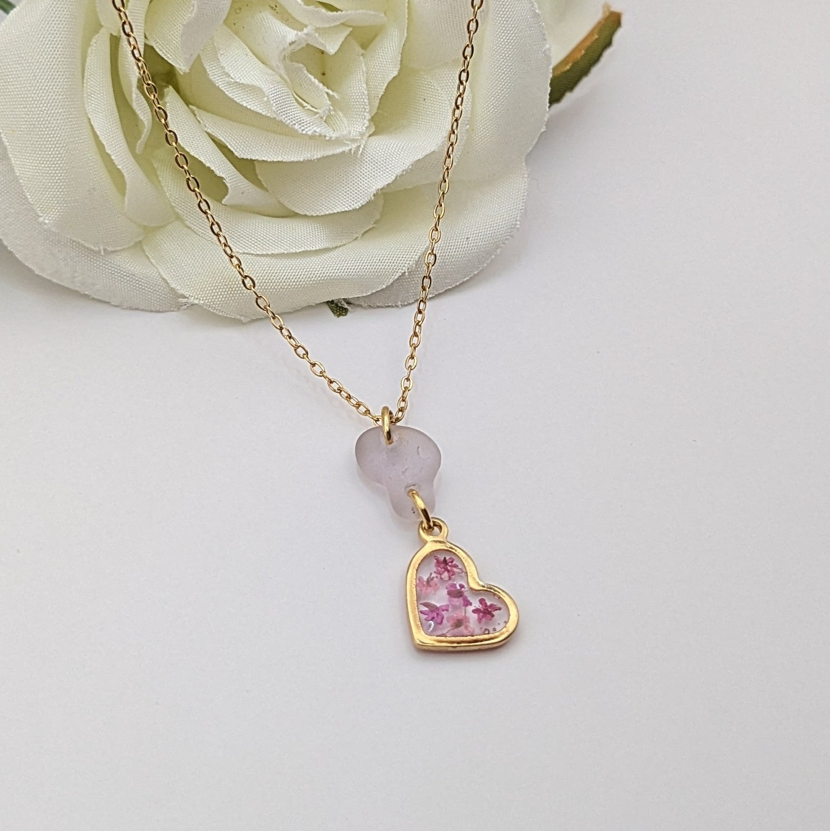 Pale pink sea glass and flower heart necklace