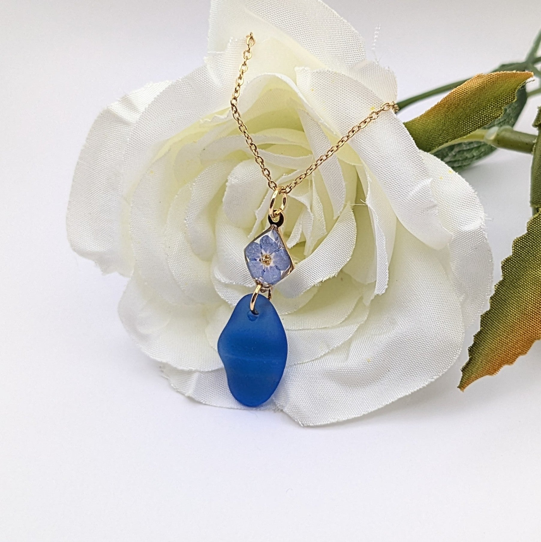 Cobalt blue sea glass and forget me not necklace