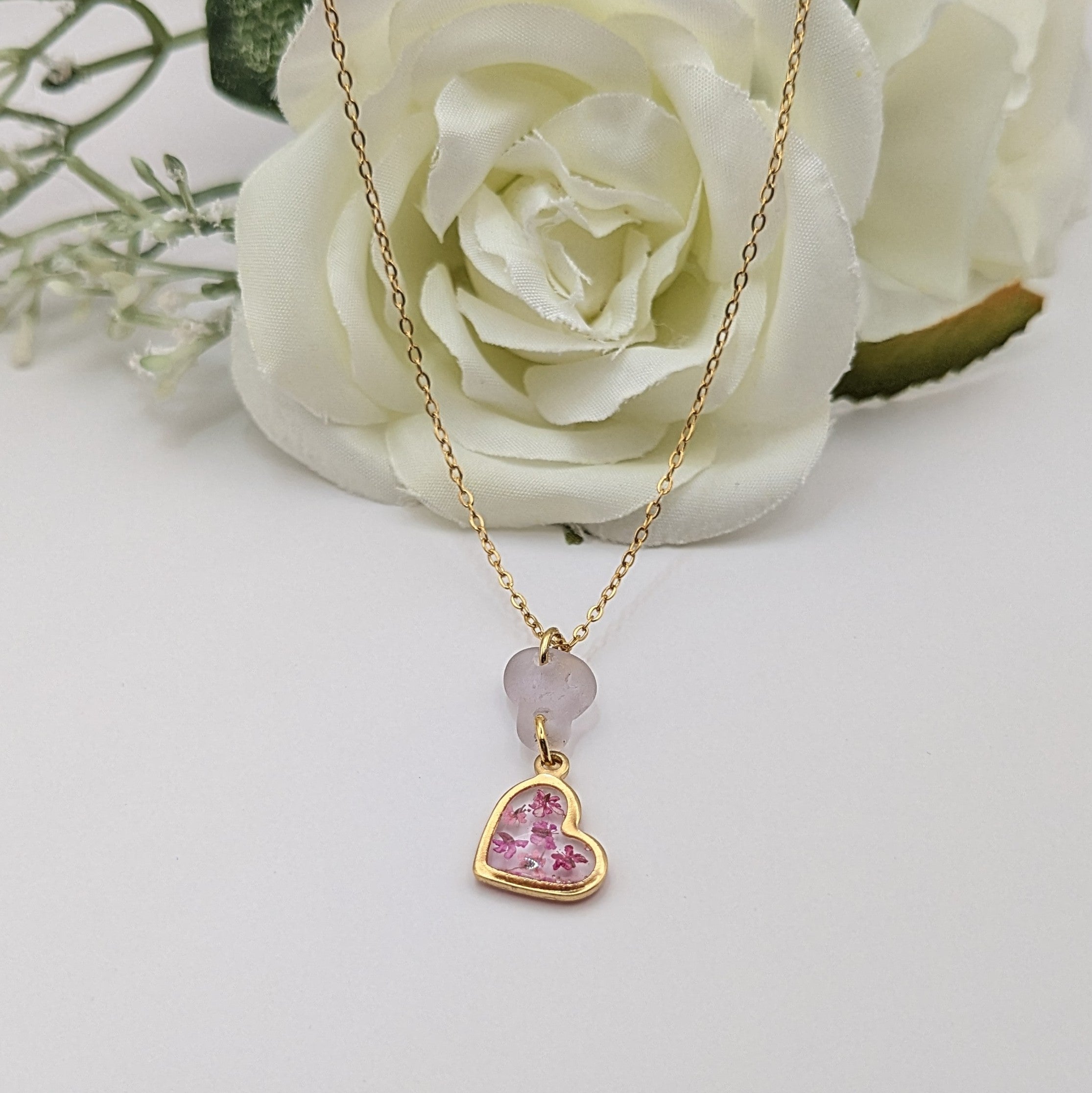 Pale pink sea glass and flower heart necklace