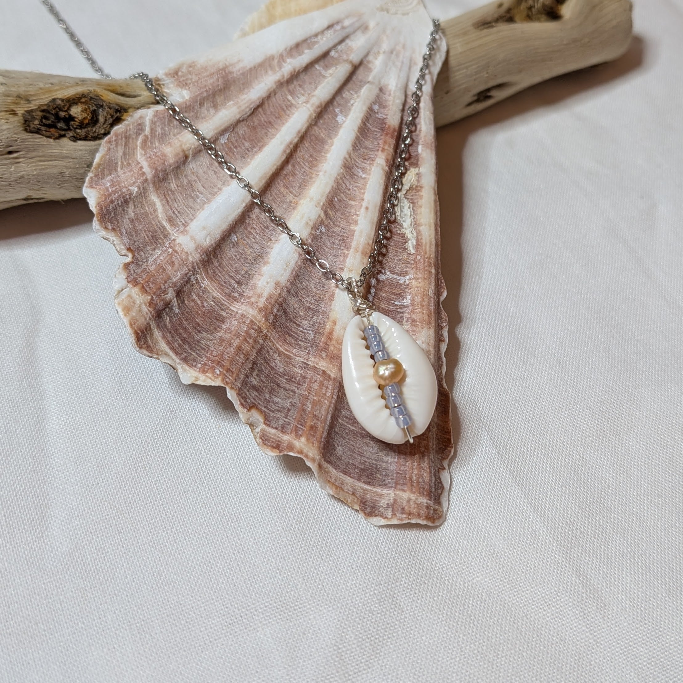 Cowrie shell and freshwater pearl necklace