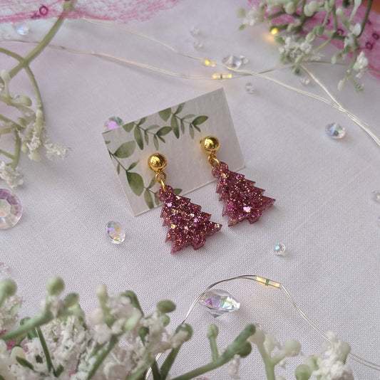 Pink sparkle Christmas tree earrings