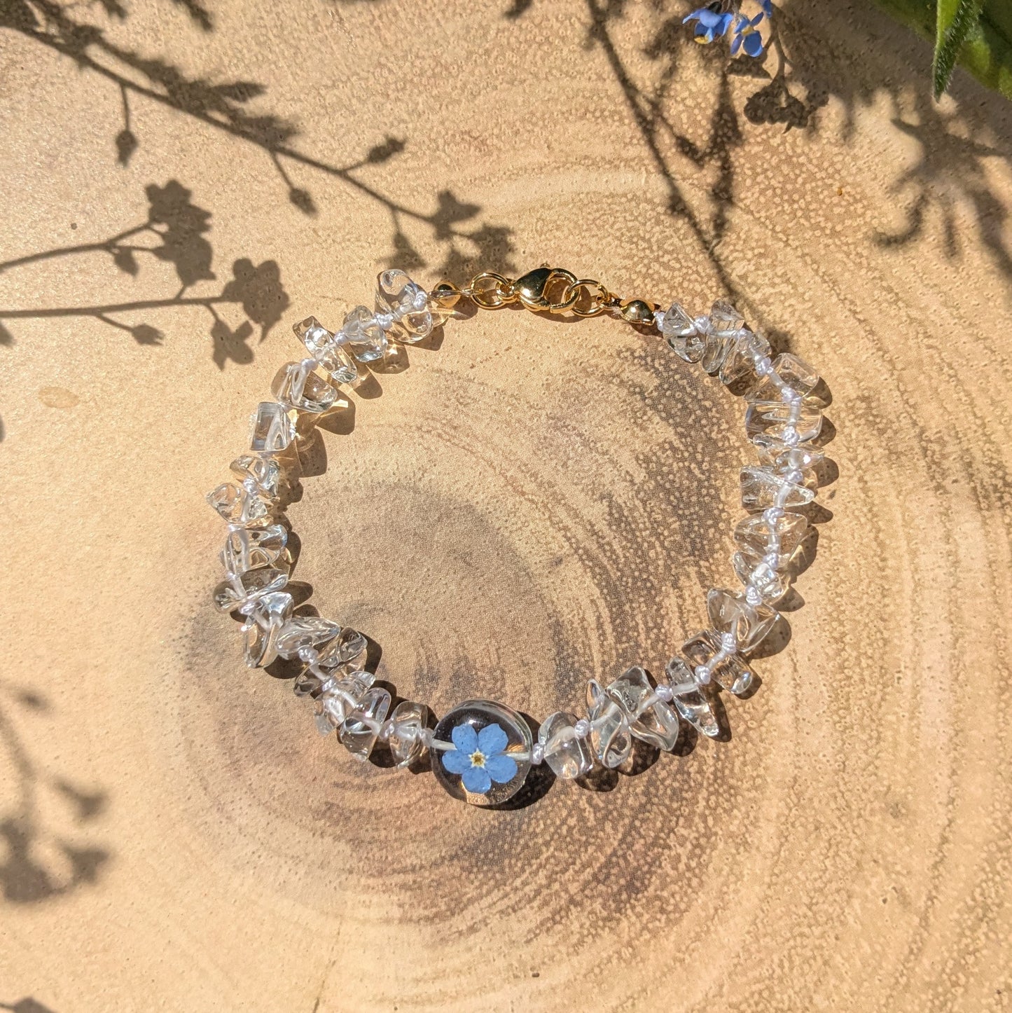 Forget me not and clear Quartz bracelet
