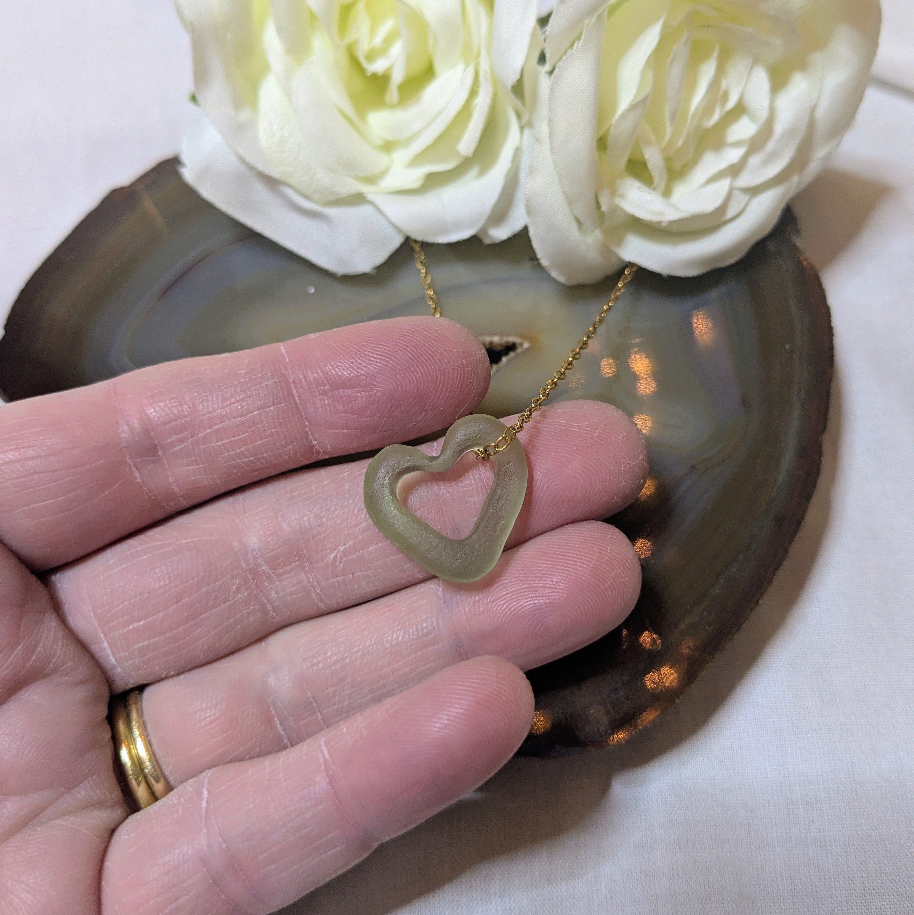 Hand carved sea glass heart necklace