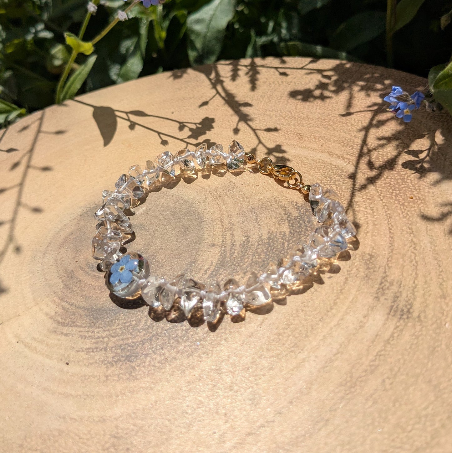 Forget me not and clear Quartz bracelet