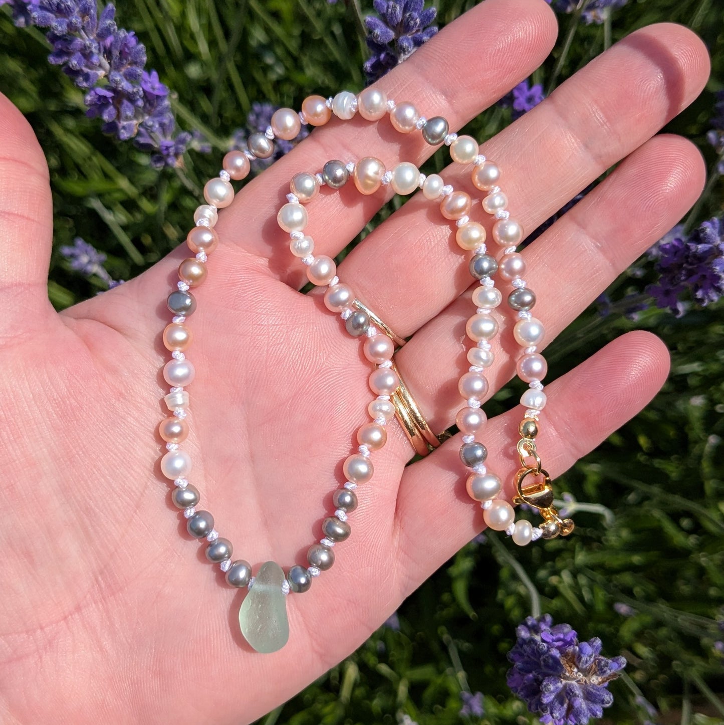 Freshwater pearl and sea glass choker style necklace