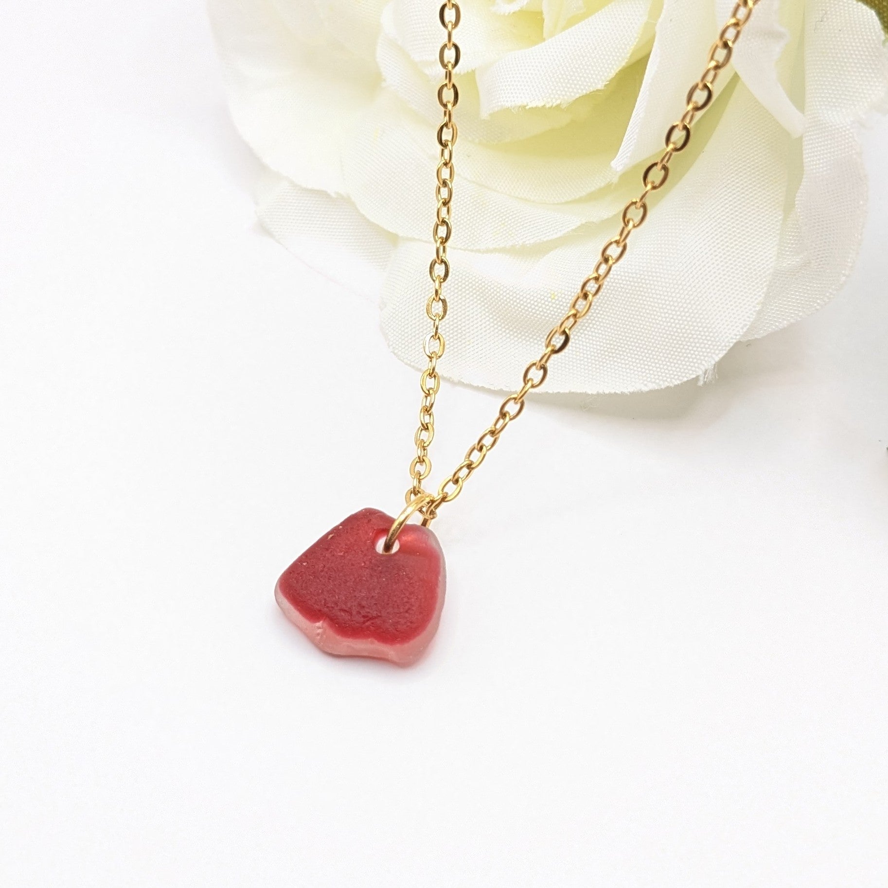 Rare red and white two tone sea glass necklace