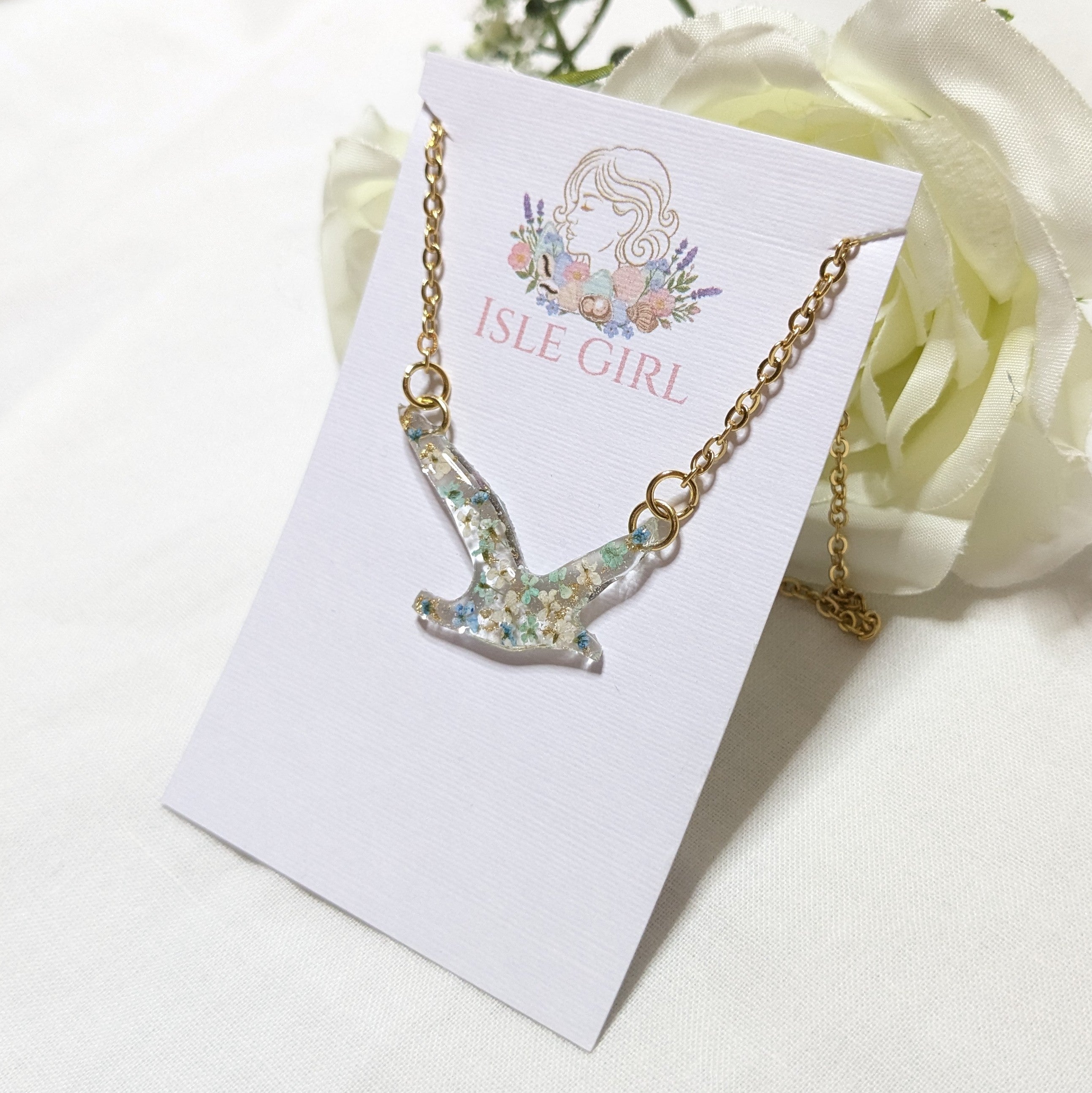 Blue and white Floral seagull necklace