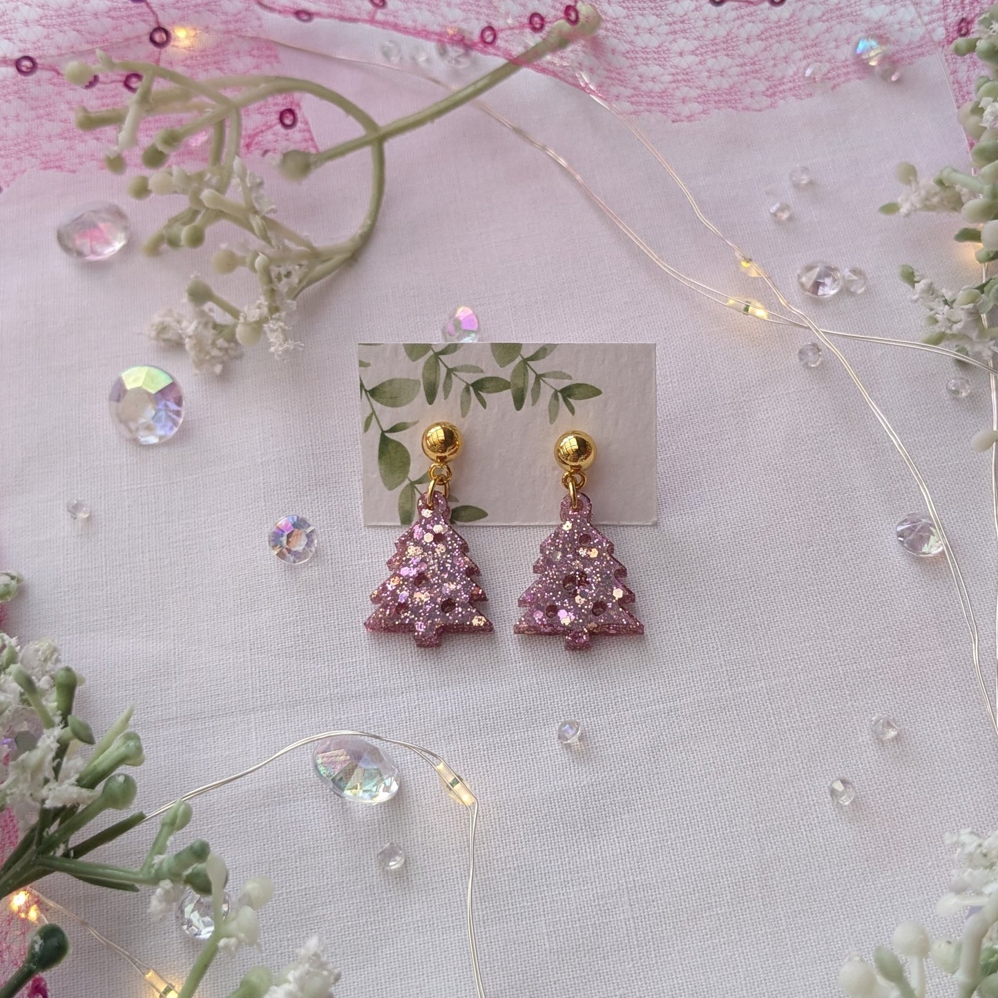 Pink sparkle Christmas tree earrings