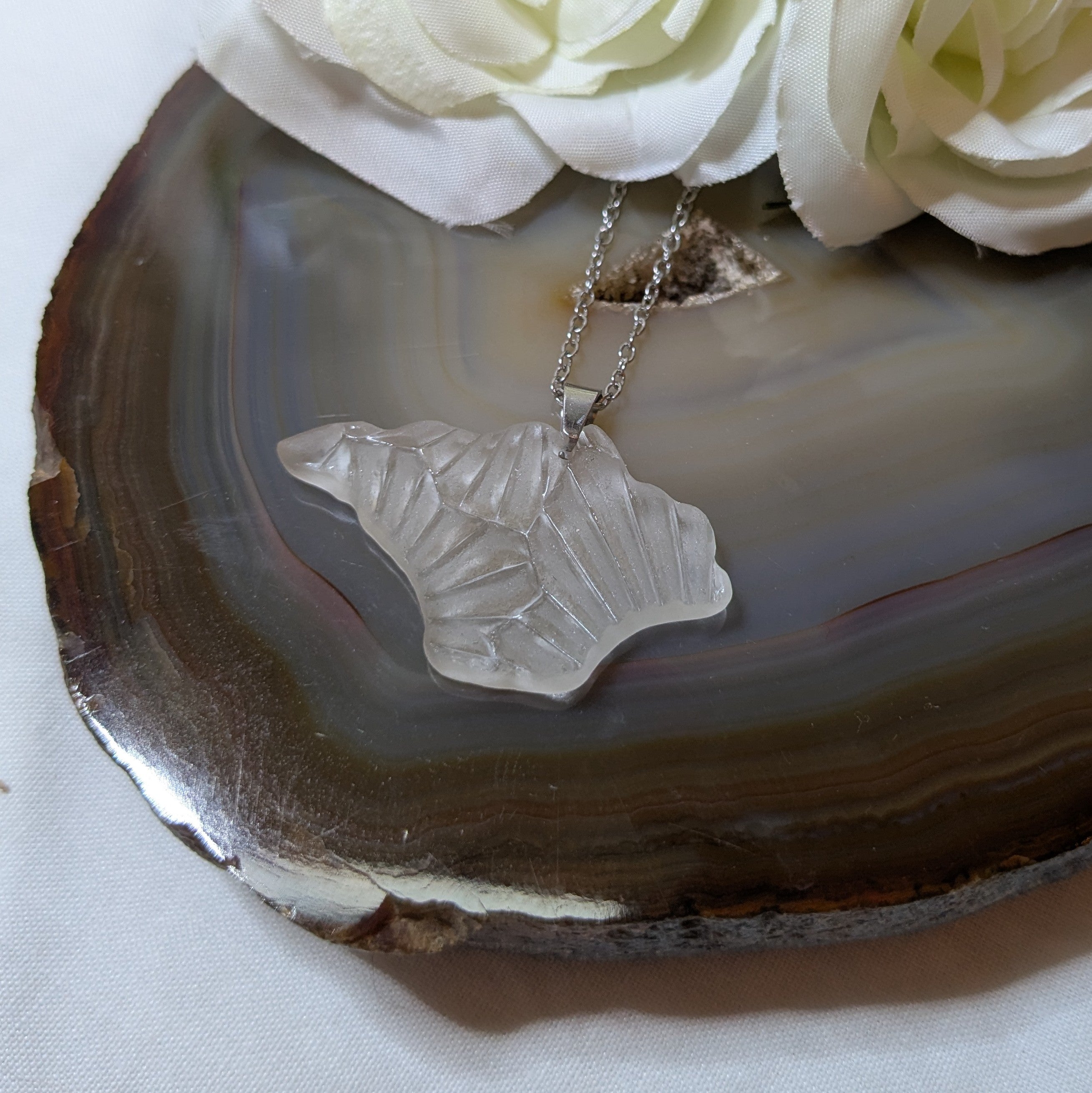 Hand carved patterned Isle of Wight sea glass necklace