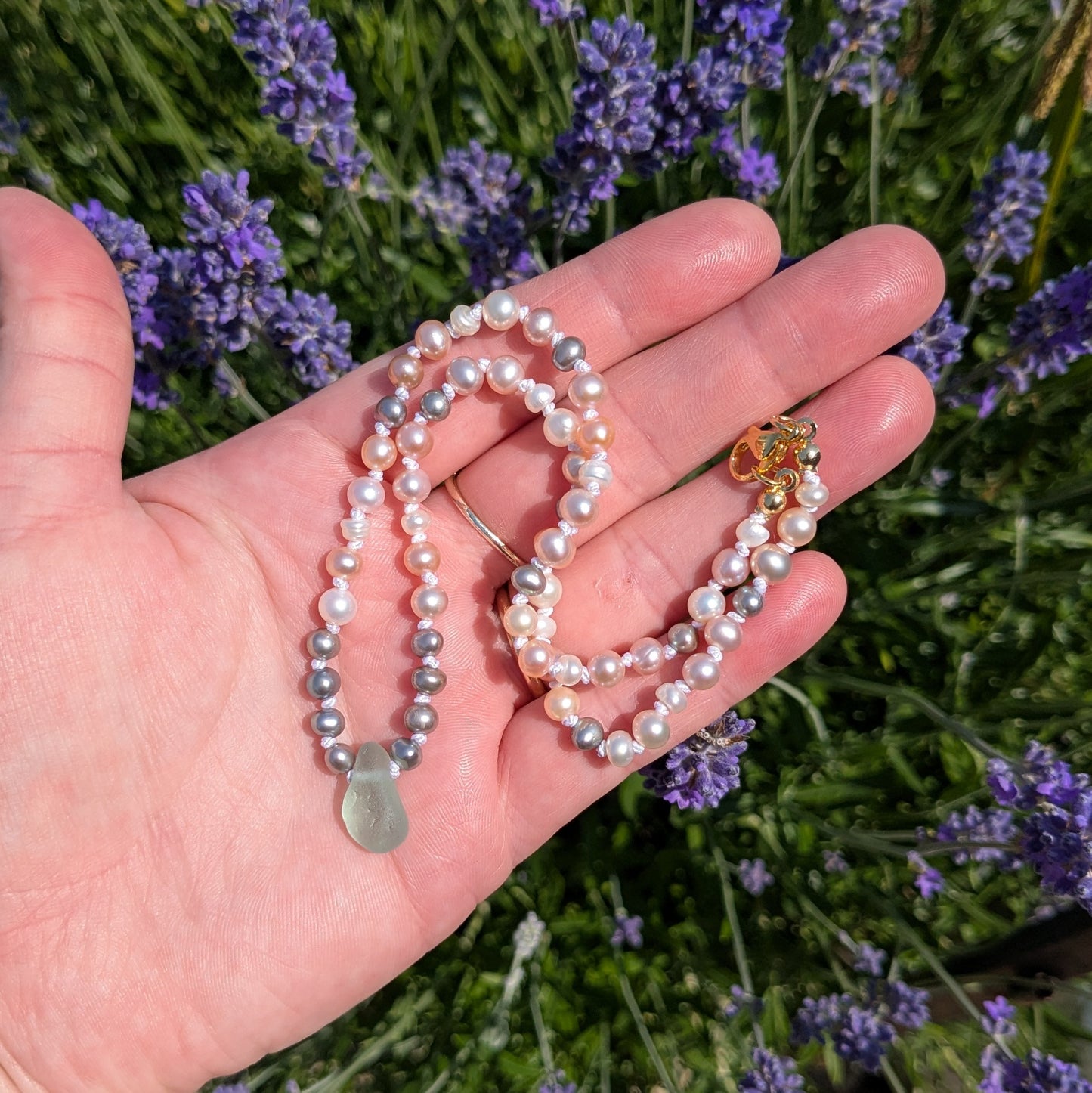 Freshwater pearl and sea glass choker style necklace