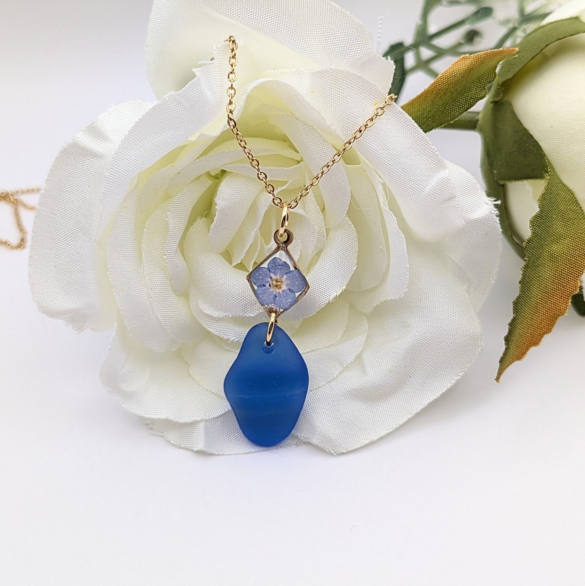 Cobalt blue sea glass and forget me not necklace