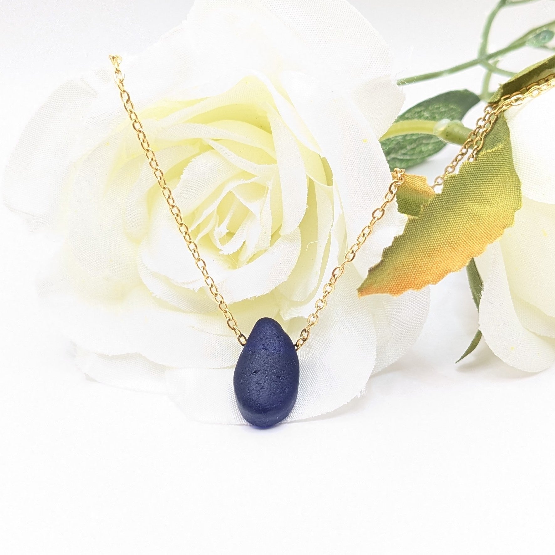 Deep blue sea glass nugget necklace